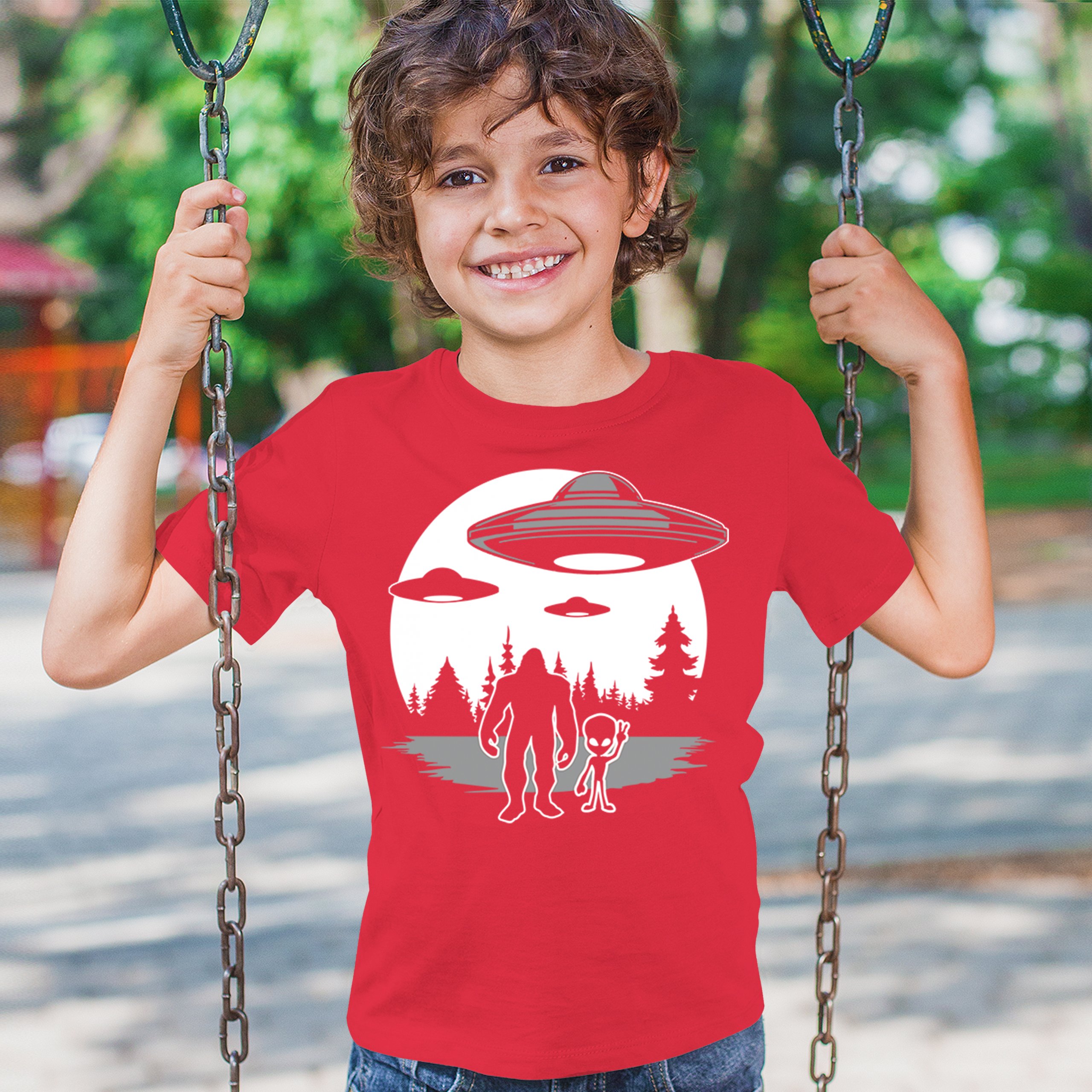 Best Friends Alien Bigfoot Moon Youth T-shirt Space UFO Sasquatch Believe Kids - Picture 12 of 36