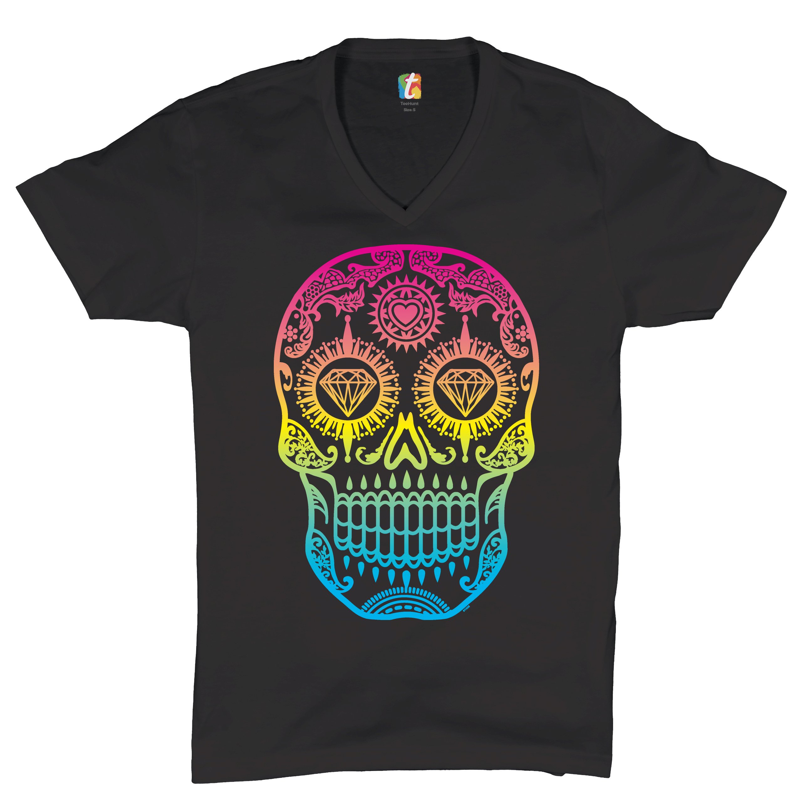 Sugar Skull Calavera Diamond Eyes V-Neck T-shirt Day of the Dead Tee