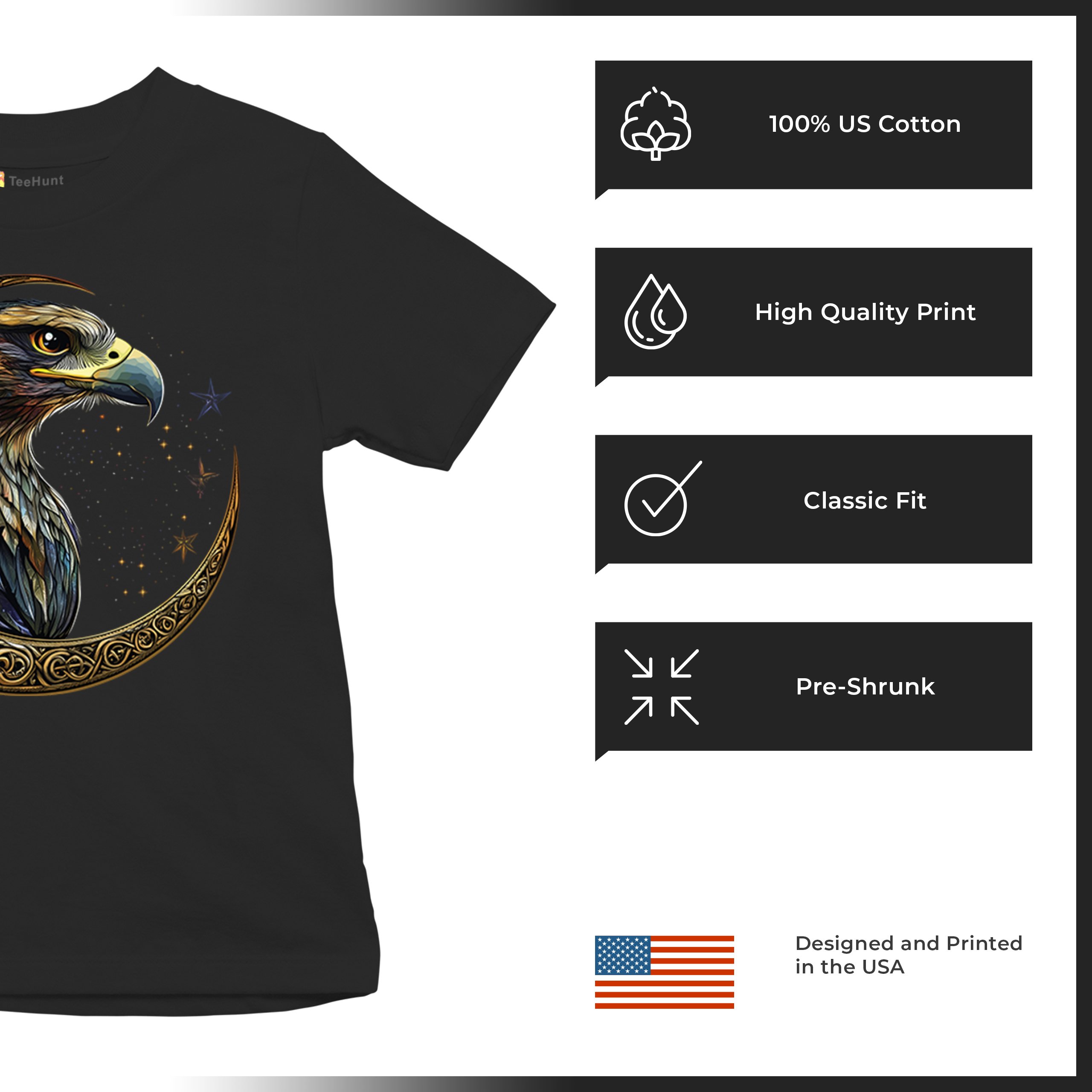 Celtic Moon Falcon Youth T-shirt North Mystic Bird of Prey Spirit Eagle Kids - Picture 7 of 50