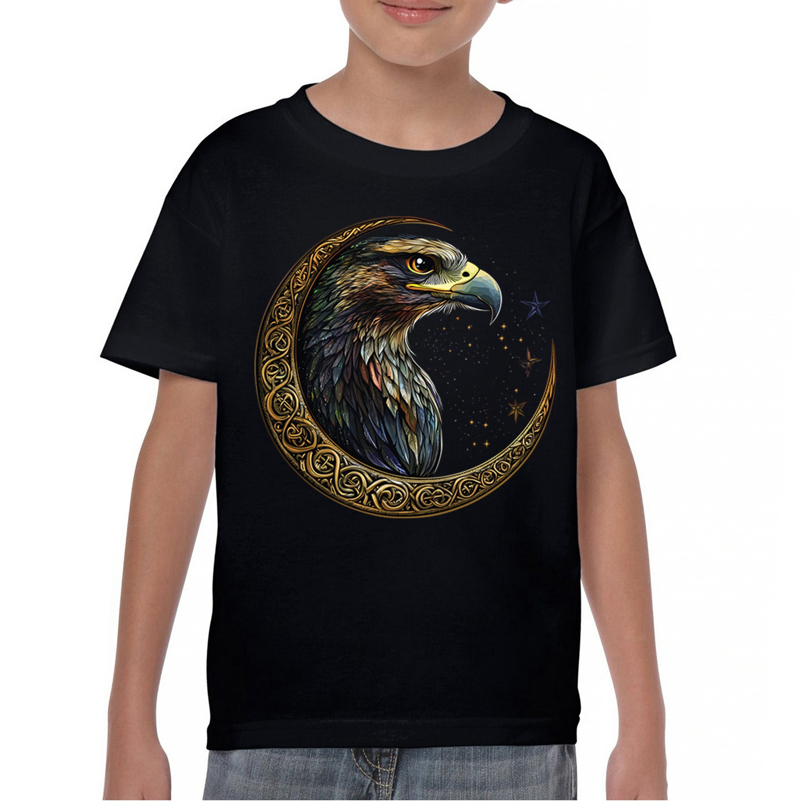 Celtic Moon Falcon Youth T-shirt North Mystic Bird of Prey Spirit Eagle Kids - Picture 2 of 50