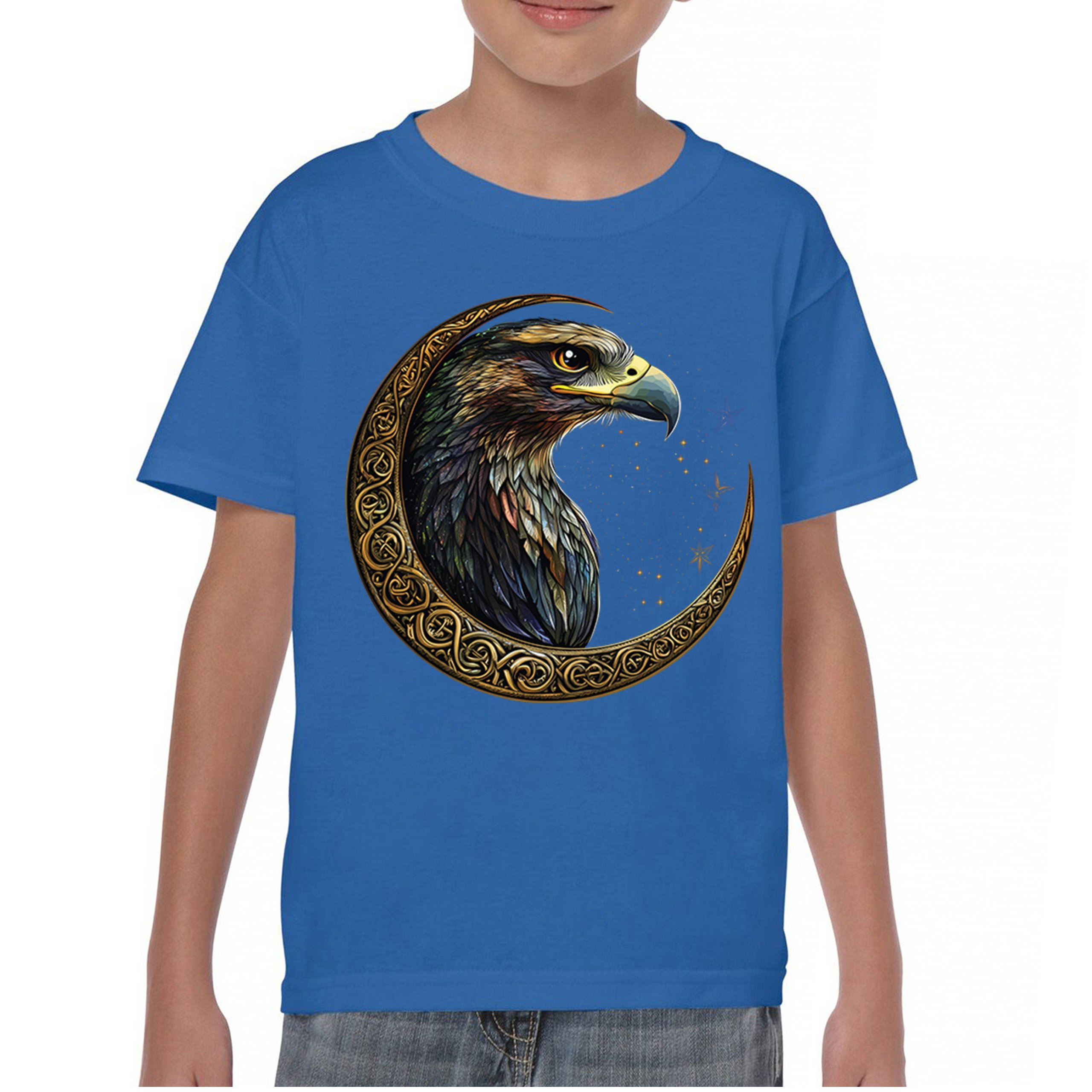 Celtic Moon Falcon Youth T-shirt North Mystic Bird of Prey Spirit Eagle Kids - Picture 37 of 50