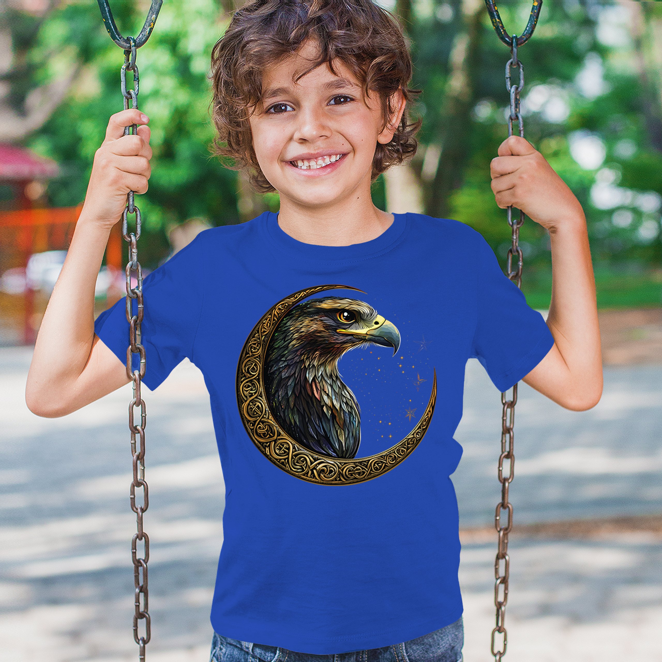 Celtic Moon Falcon Youth T-shirt North Mystic Bird of Prey Spirit Eagle Kids - Picture 40 of 50
