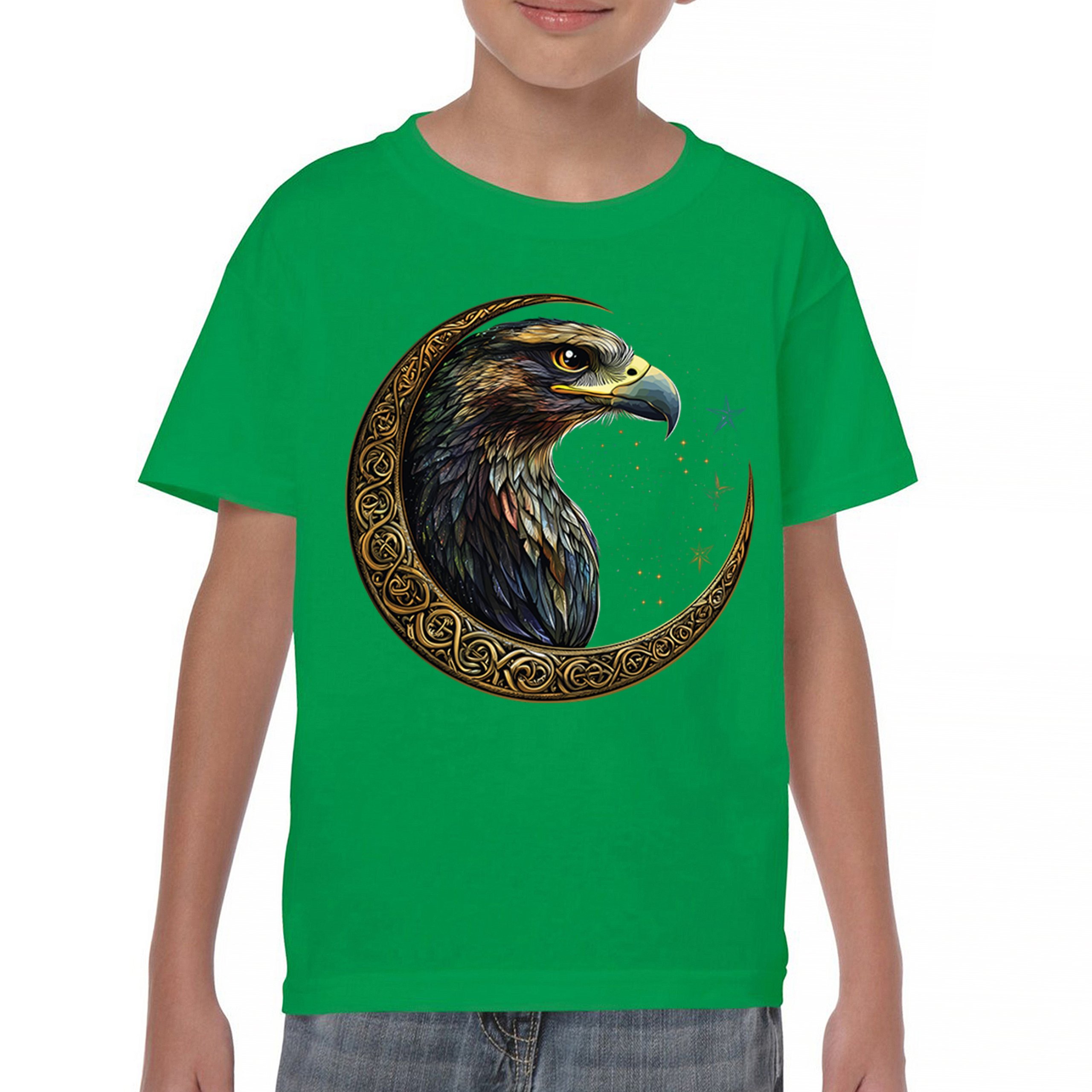 Celtic Moon Falcon Youth T-shirt North Mystic Bird of Prey Spirit Eagle Kids - Picture 30 of 50