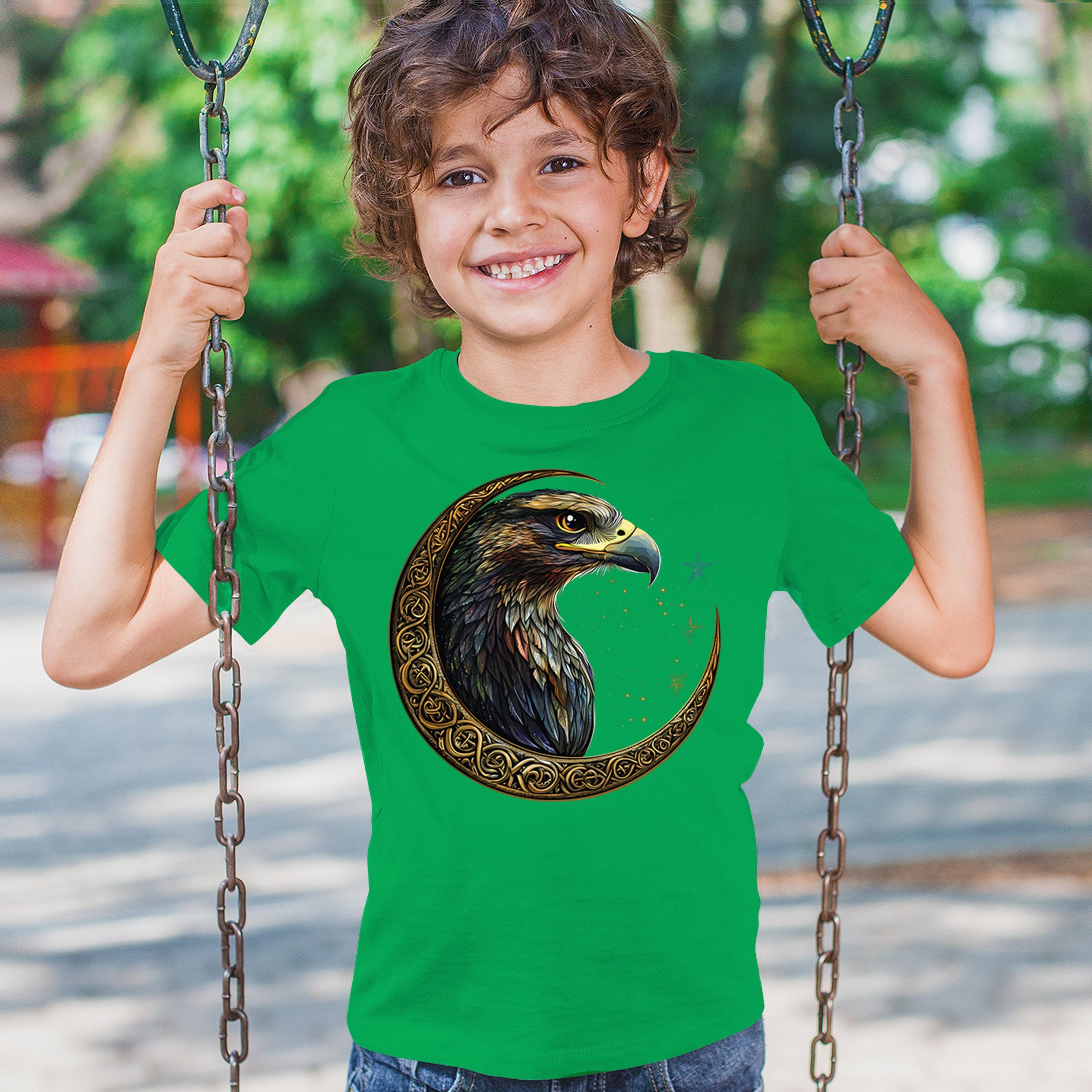 Celtic Moon Falcon Youth T-shirt North Mystic Bird of Prey Spirit Eagle Kids - Picture 33 of 50