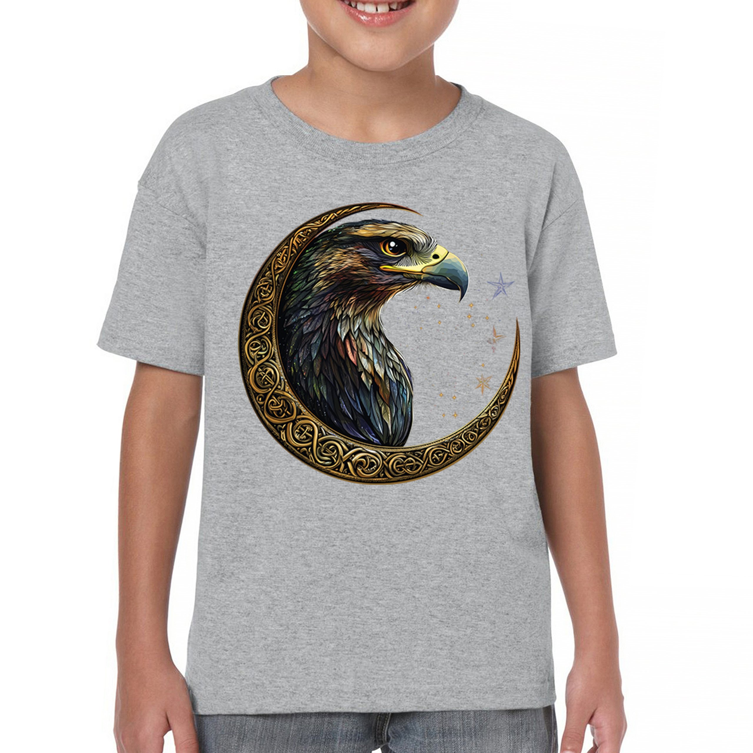 Celtic Moon Falcon Youth T-shirt North Mystic Bird of Prey Spirit Eagle Kids - Picture 9 of 50