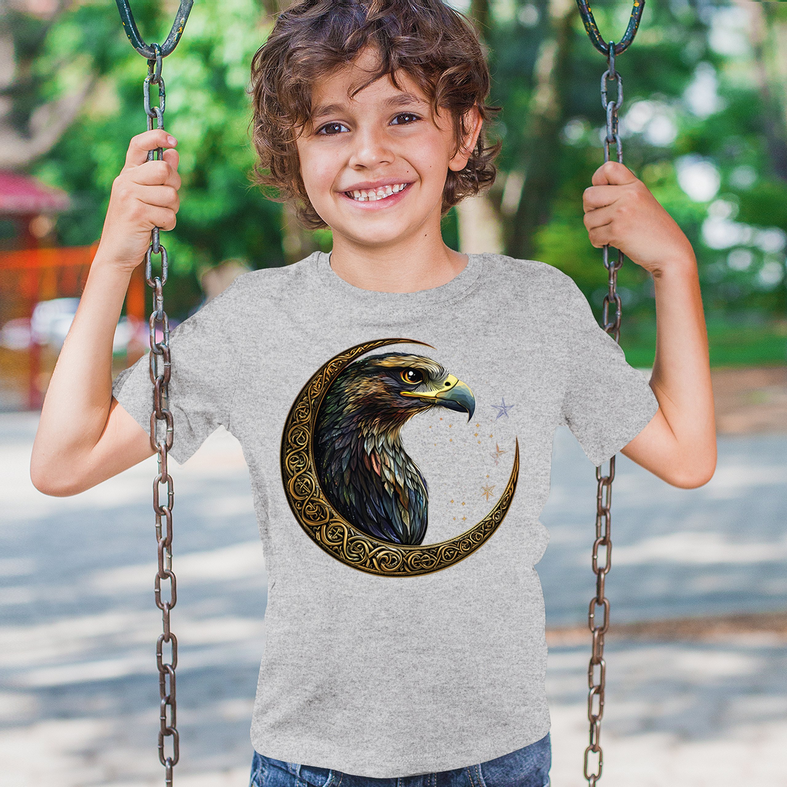 Celtic Moon Falcon Youth T-shirt North Mystic Bird of Prey Spirit Eagle Kids - Picture 12 of 50
