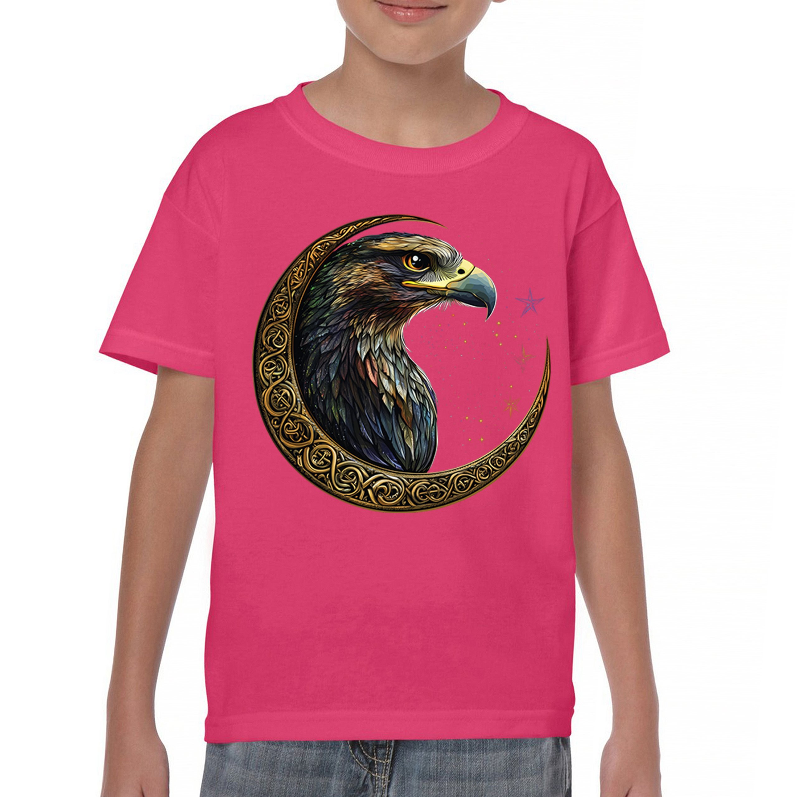 Celtic Moon Falcon Youth T-shirt North Mystic Bird of Prey Spirit Eagle Kids - Picture 44 of 50