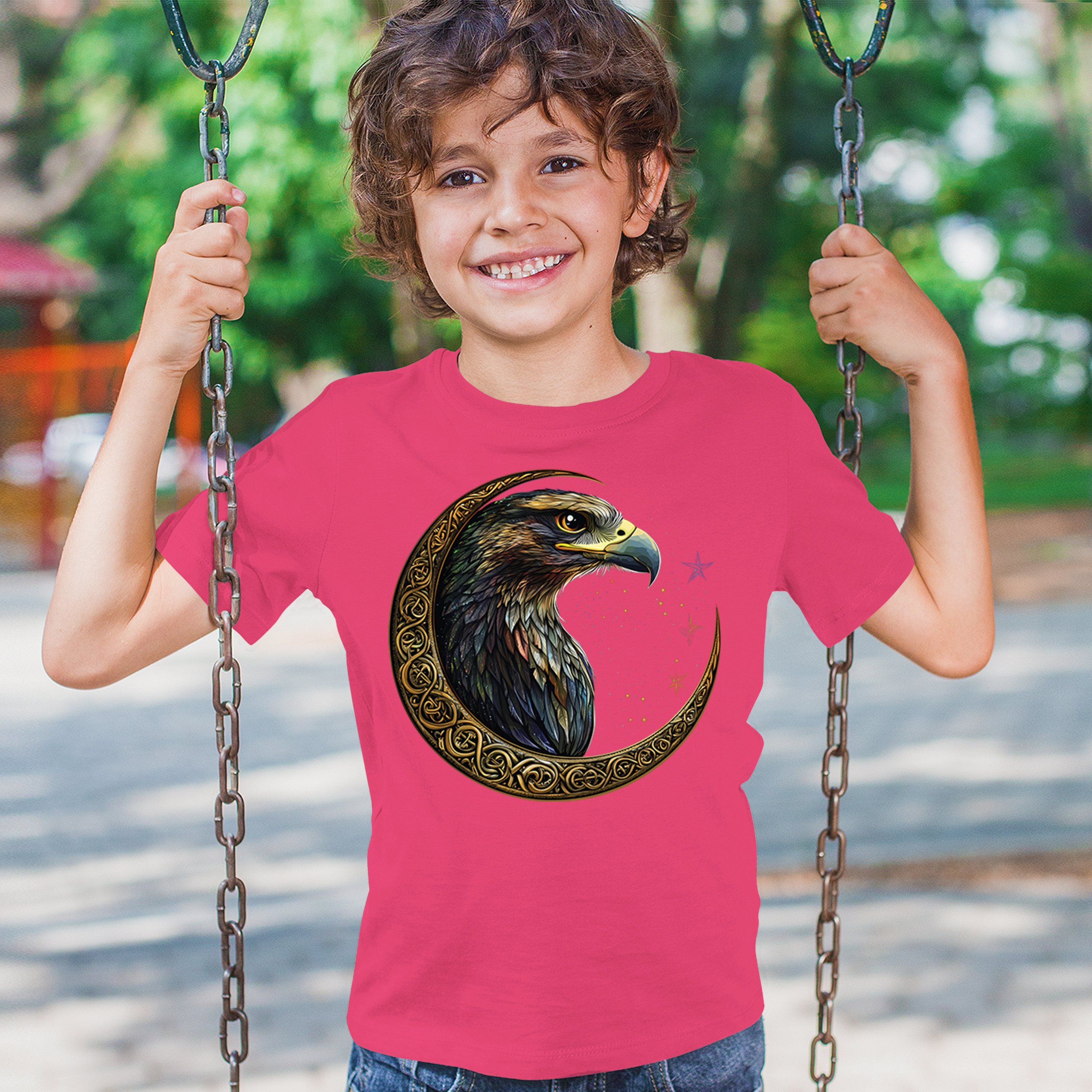 Celtic Moon Falcon Youth T-shirt North Mystic Bird of Prey Spirit Eagle Kids - Picture 47 of 50