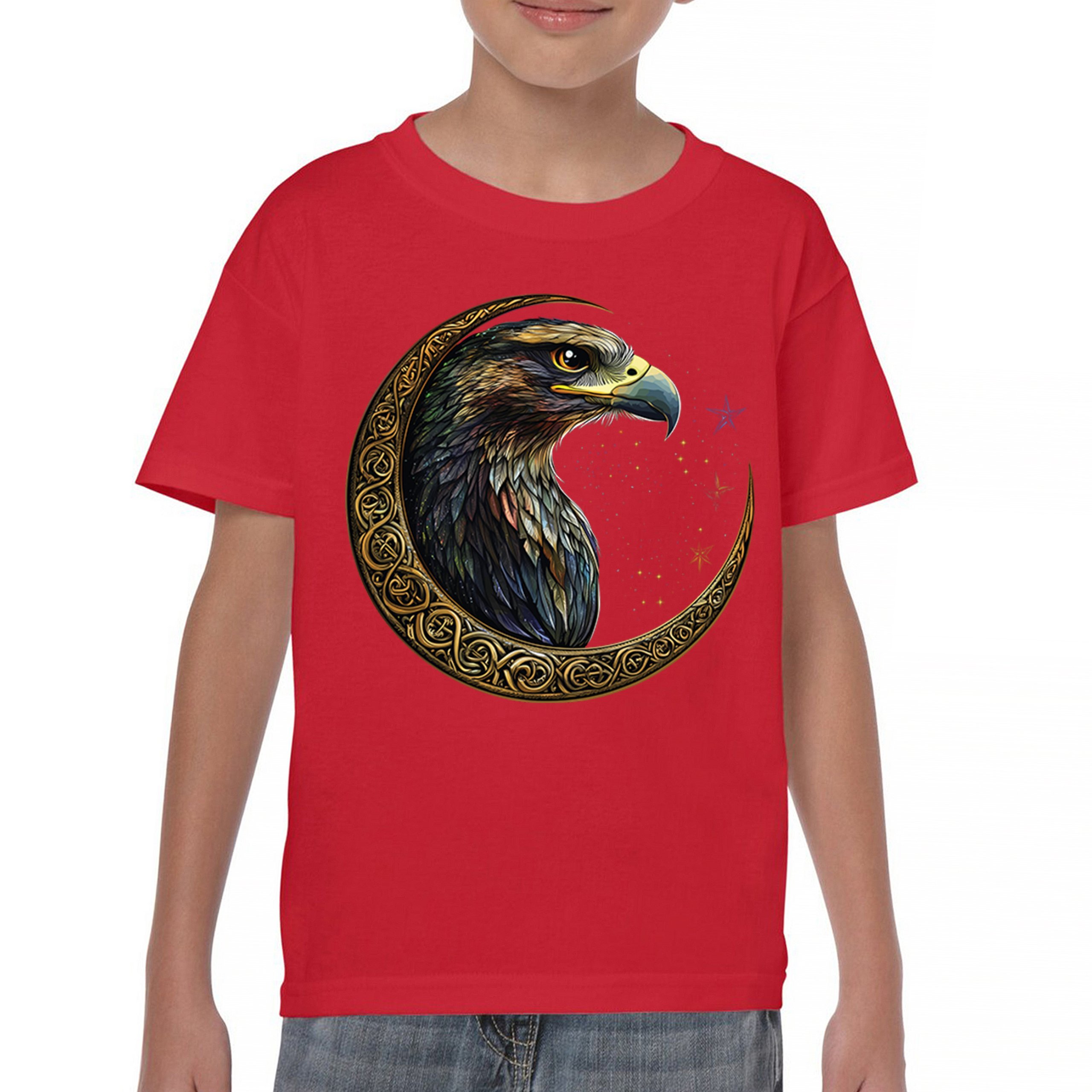 Celtic Moon Falcon Youth T-shirt North Mystic Bird of Prey Spirit Eagle Kids - Picture 16 of 50