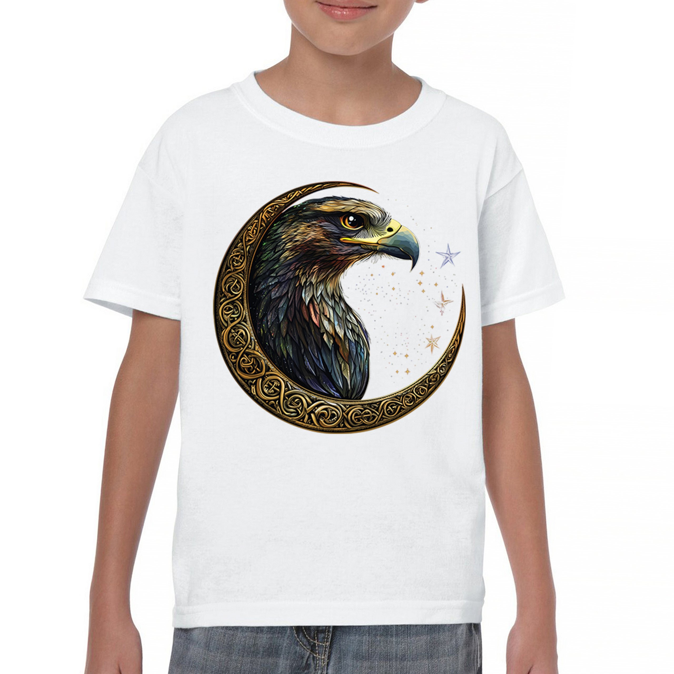 Celtic Moon Falcon Youth T-shirt North Mystic Bird of Prey Spirit Eagle Kids - Picture 23 of 50