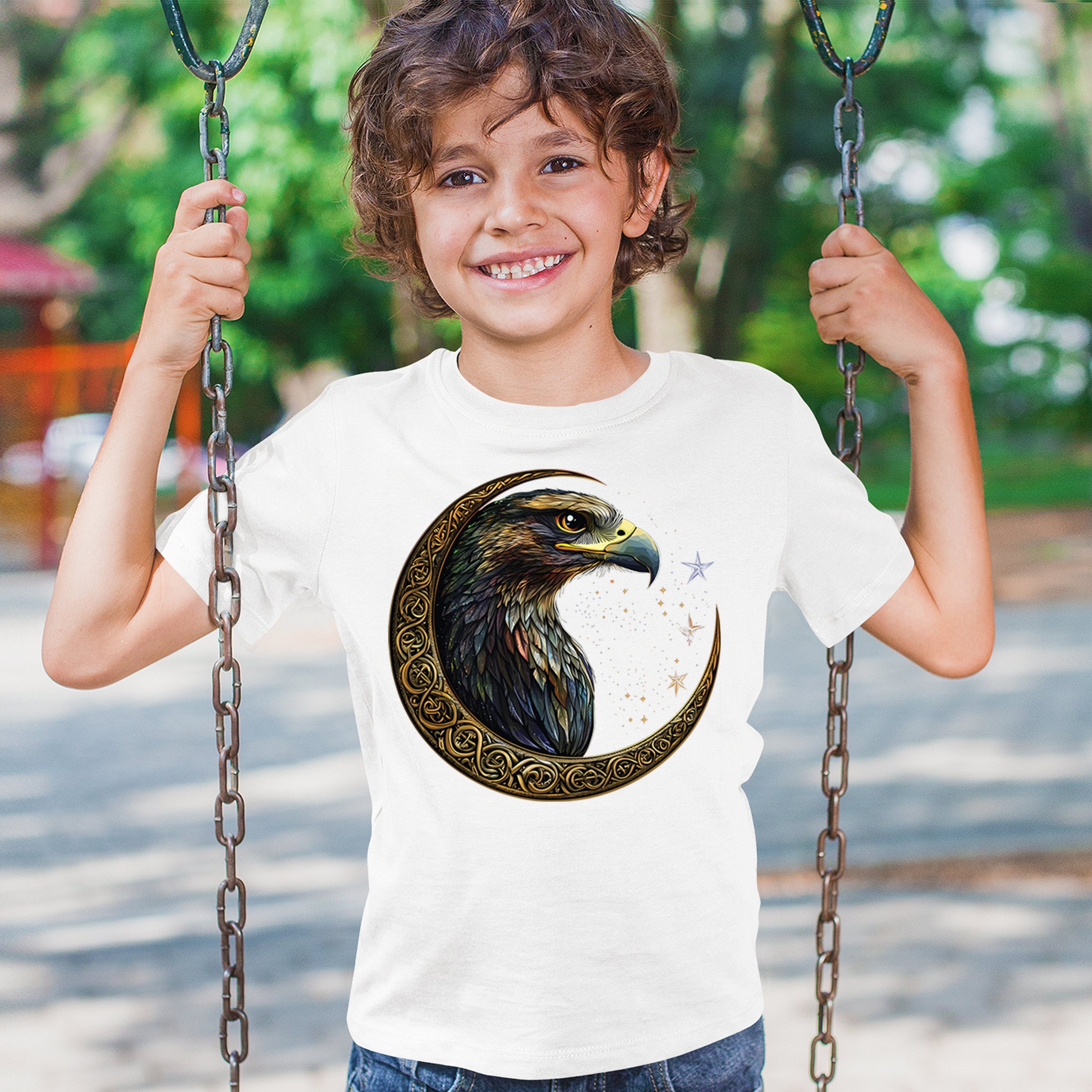 Celtic Moon Falcon Youth T-shirt North Mystic Bird of Prey Spirit Eagle Kids - Picture 26 of 50