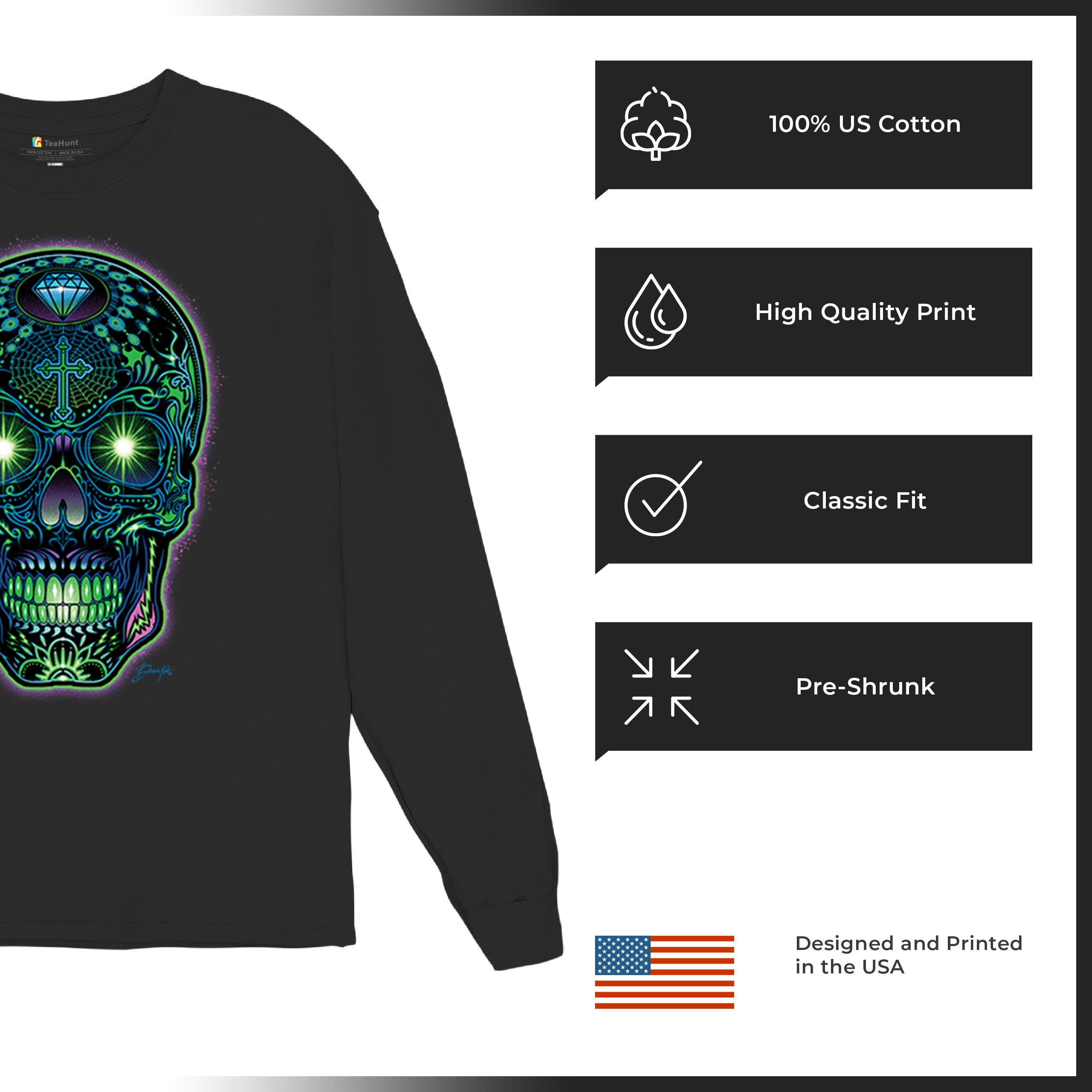Bright Sugar Skull Long Sleeve T-shirt Dia de Los Muertos Neon Day of the Dead - Picture 7 of 78