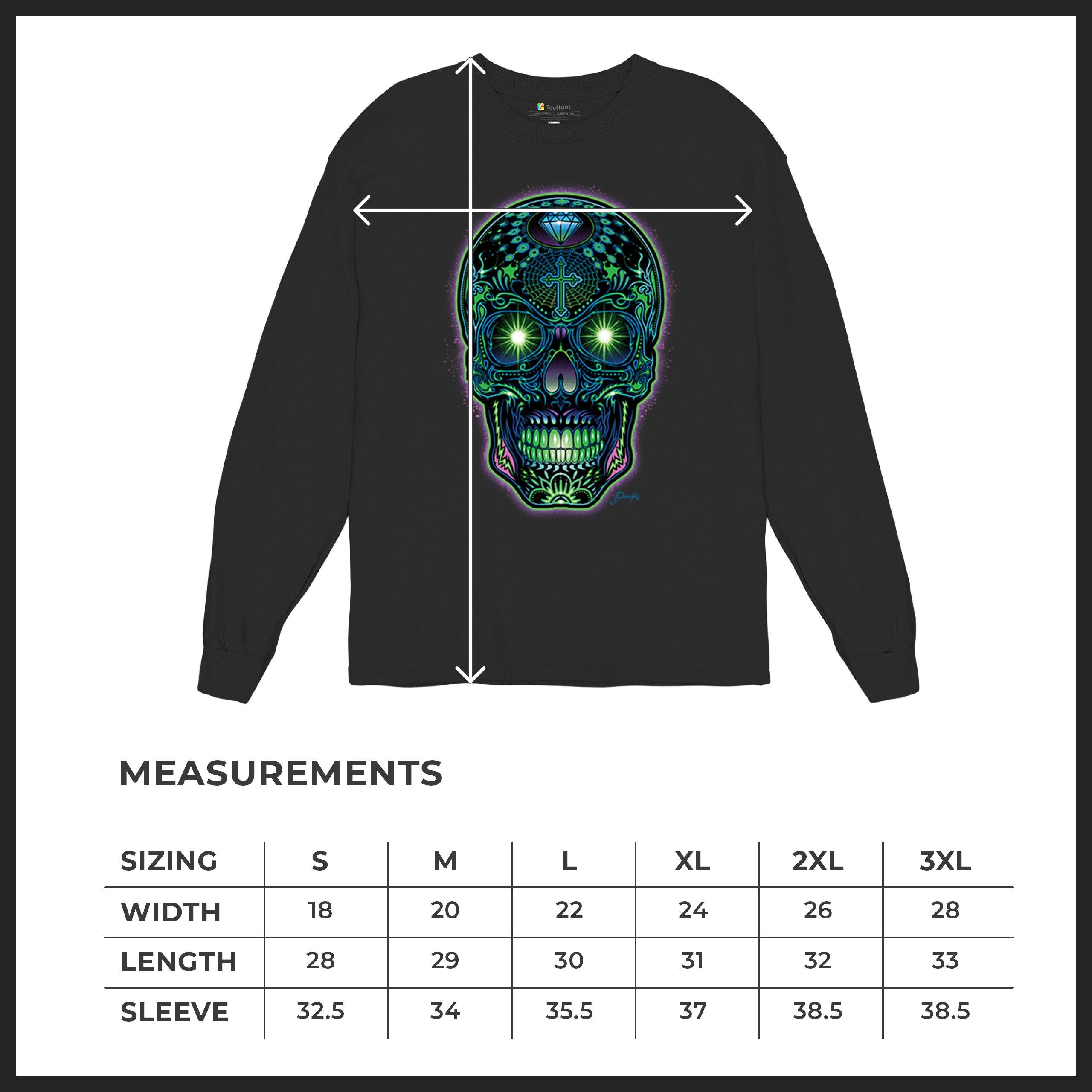 Bright Sugar Skull Long Sleeve T-shirt Dia de Los Muertos Neon Day of the Dead - Picture 8 of 78