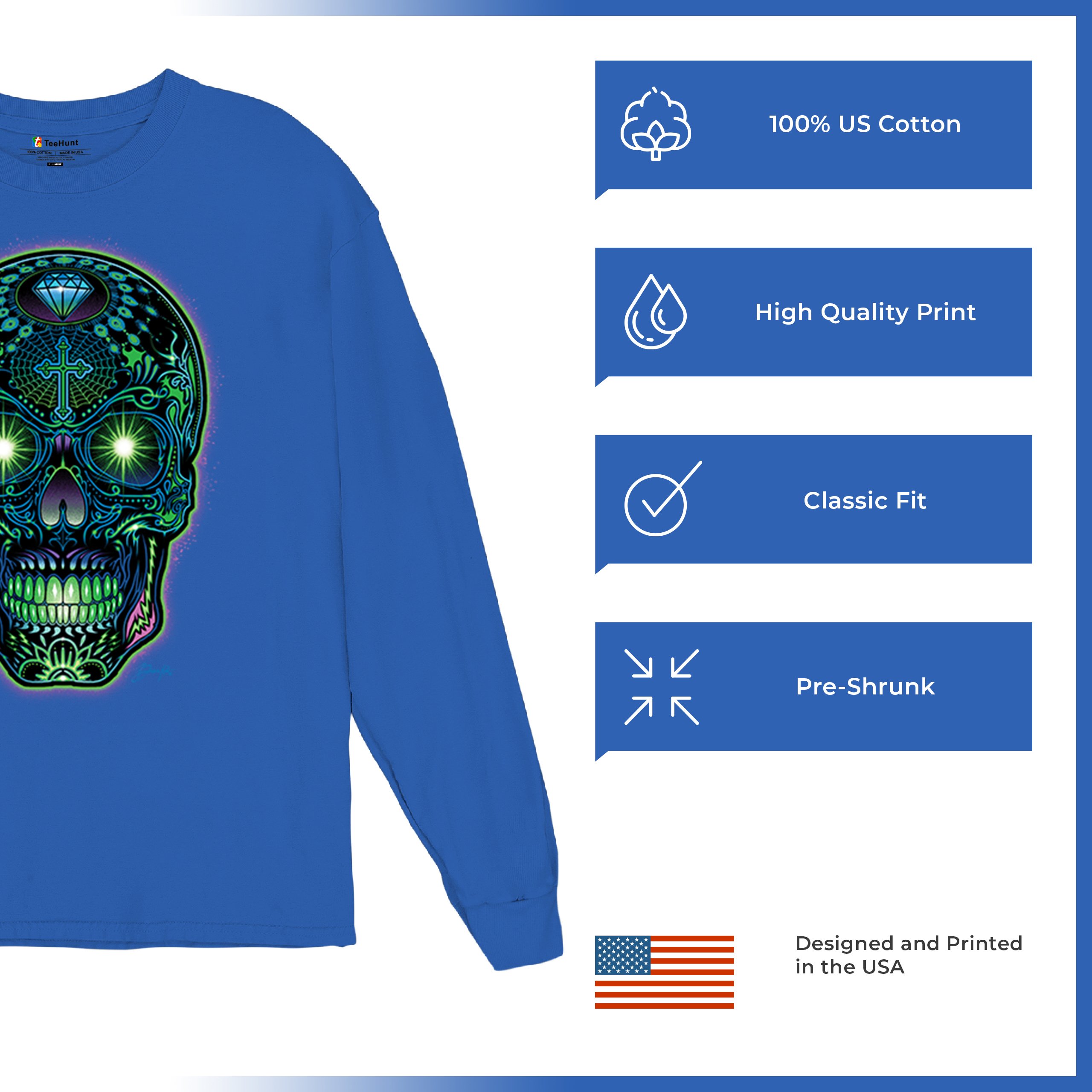 Bright Sugar Skull Long Sleeve T-shirt Dia de Los Muertos Neon Day of the Dead - Picture 63 of 78