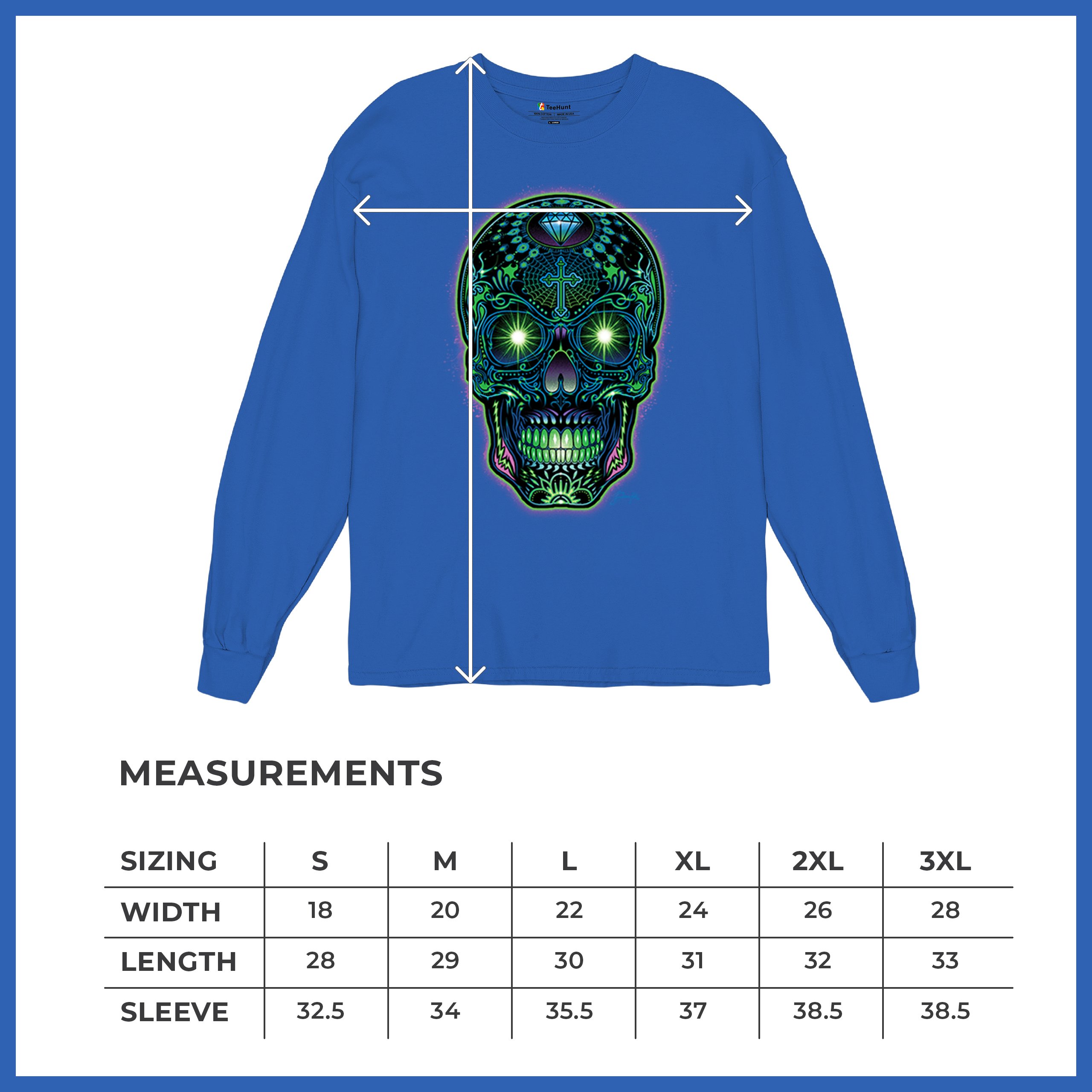 Bright Sugar Skull Long Sleeve T-shirt Dia de Los Muertos Neon Day of the Dead - Picture 64 of 78