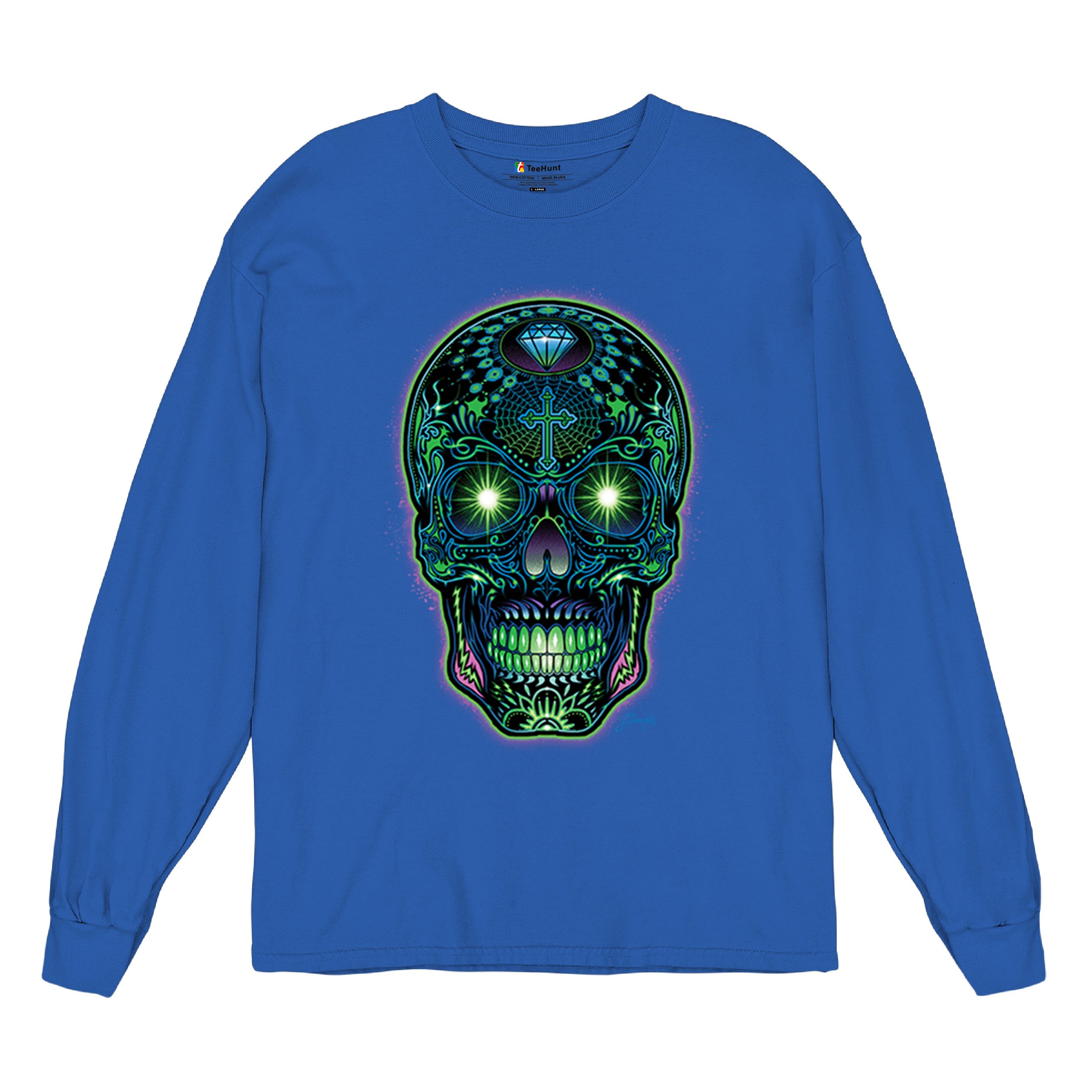 Bright Sugar Skull Long Sleeve T-shirt Dia de Los Muertos Neon Day of the Dead - Picture 62 of 78