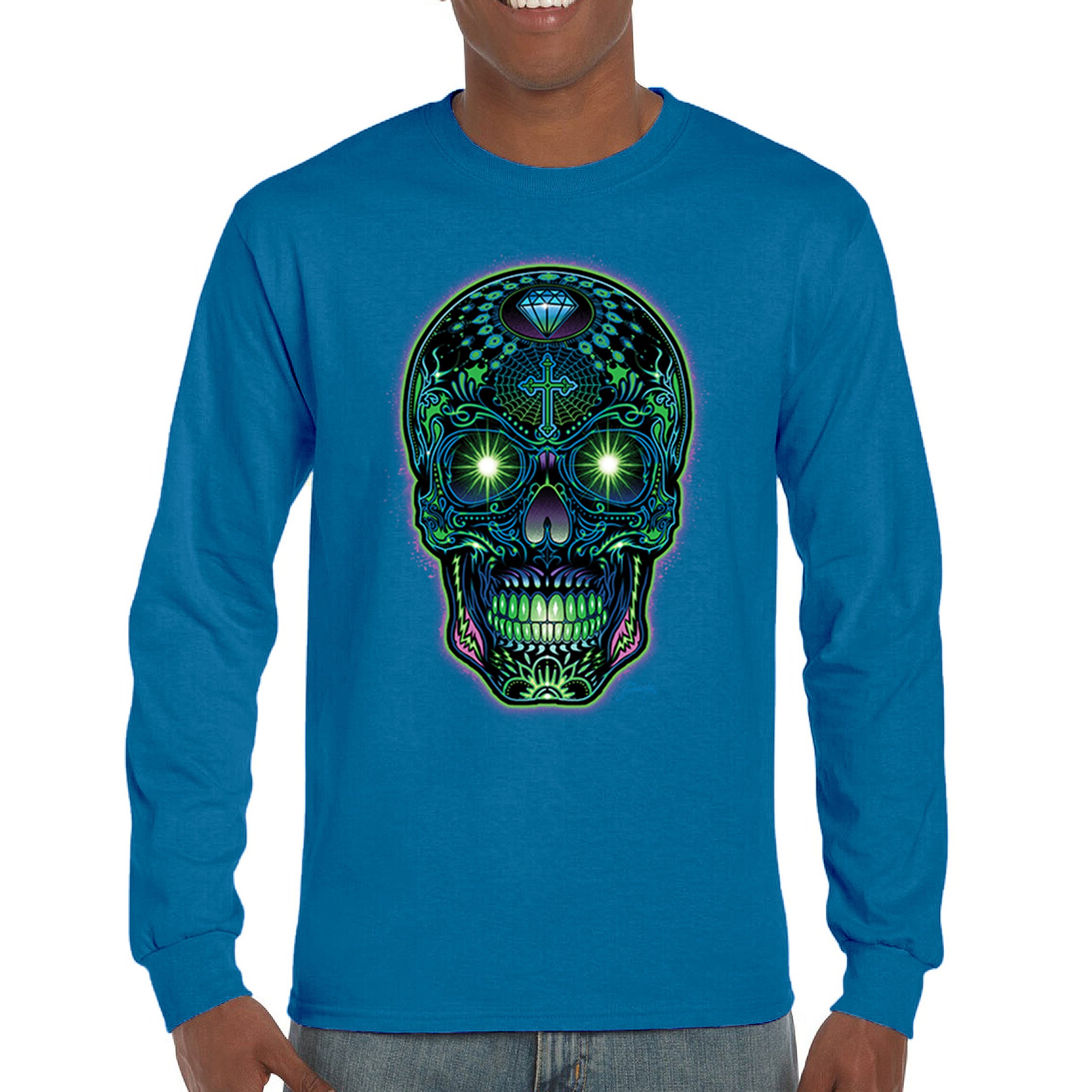 Bright Sugar Skull Long Sleeve T-shirt Dia de Los Muertos Neon Day of the Dead - Picture 58 of 78