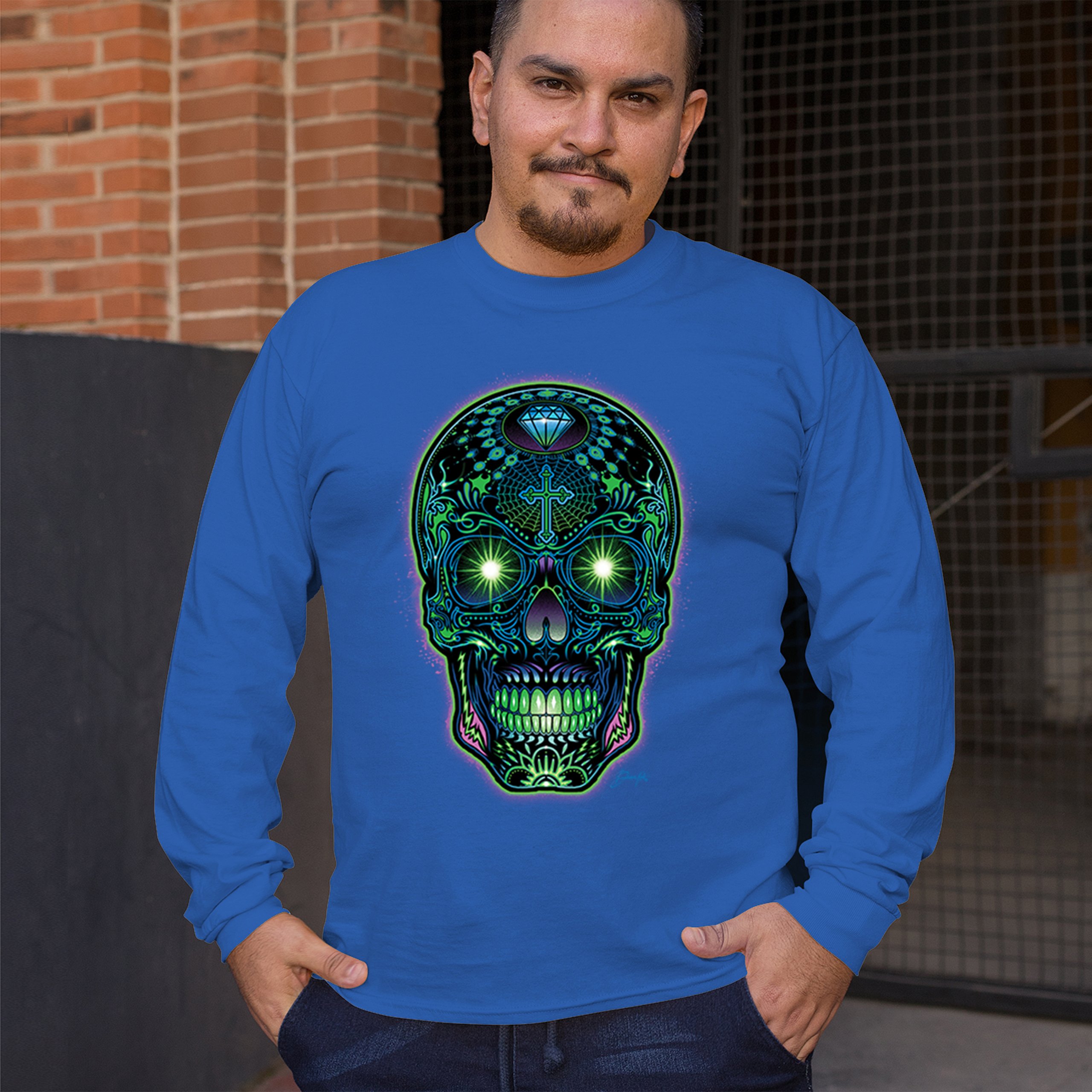 Bright Sugar Skull Long Sleeve T-shirt Dia de Los Muertos Neon Day of the Dead - Picture 61 of 78