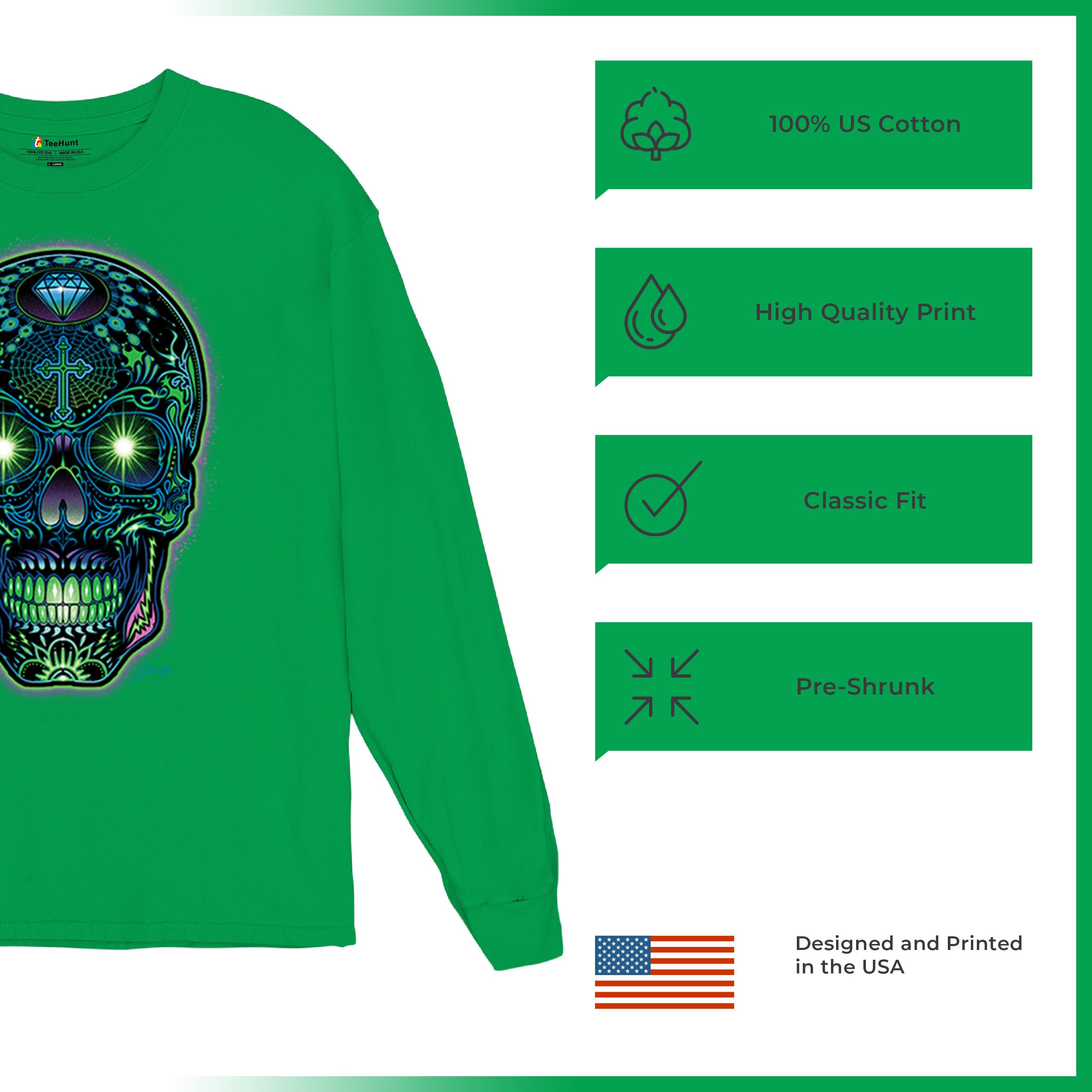 Bright Sugar Skull Long Sleeve T-shirt Dia de Los Muertos Neon Day of the Dead - Picture 49 of 78