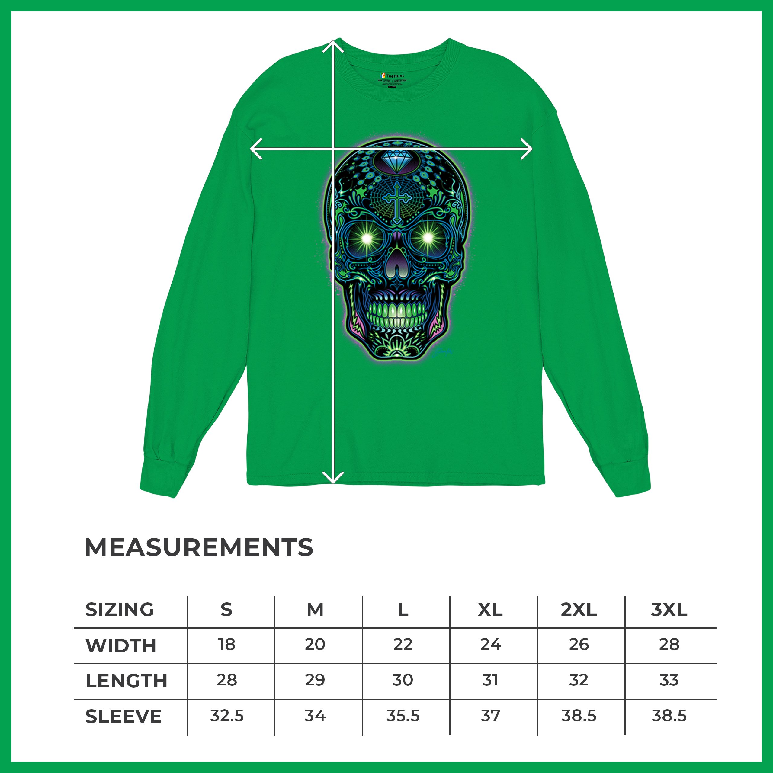 Bright Sugar Skull Long Sleeve T-shirt Dia de Los Muertos Neon Day of the Dead - Picture 50 of 78