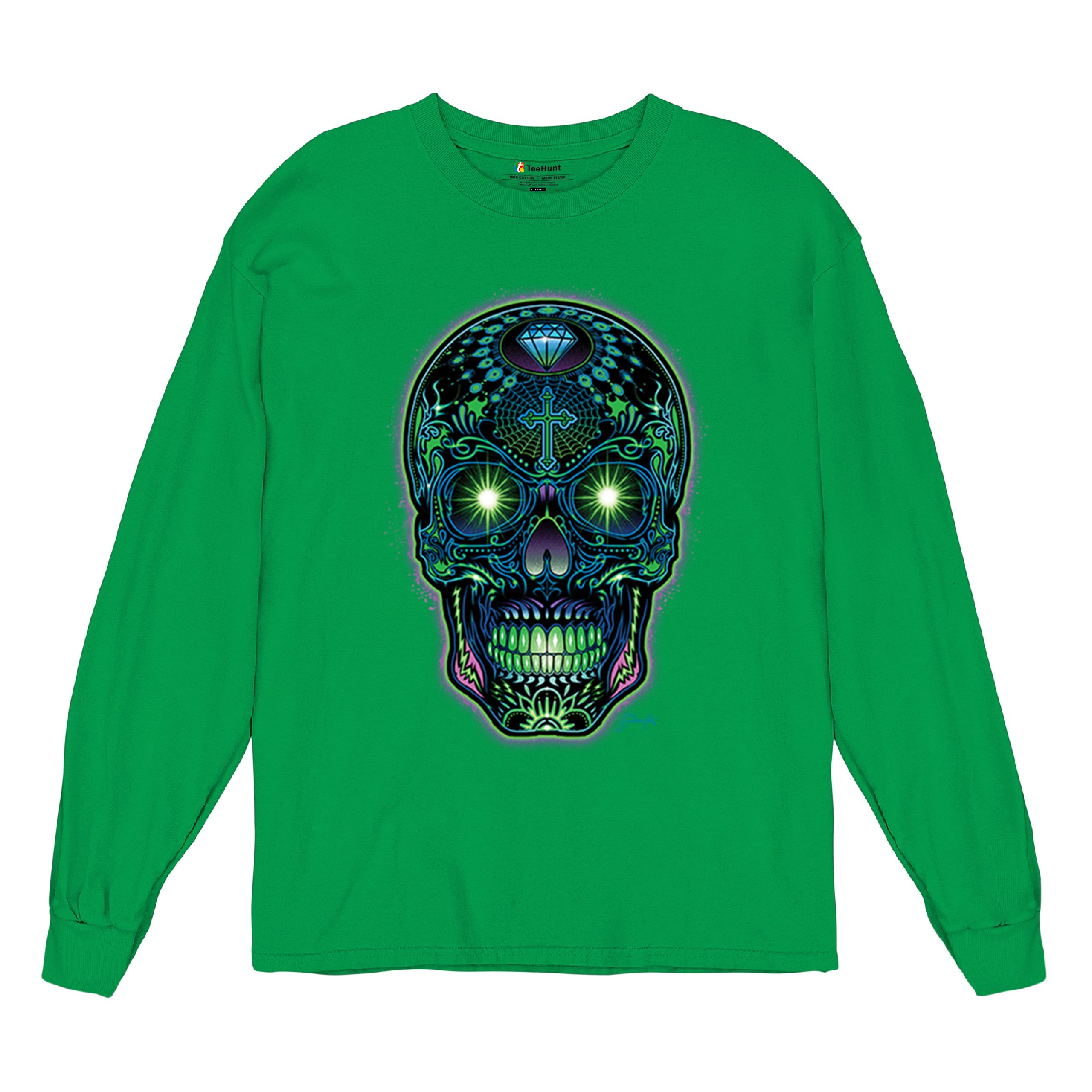 Bright Sugar Skull Long Sleeve T-shirt Dia de Los Muertos Neon Day of the Dead - Picture 48 of 78