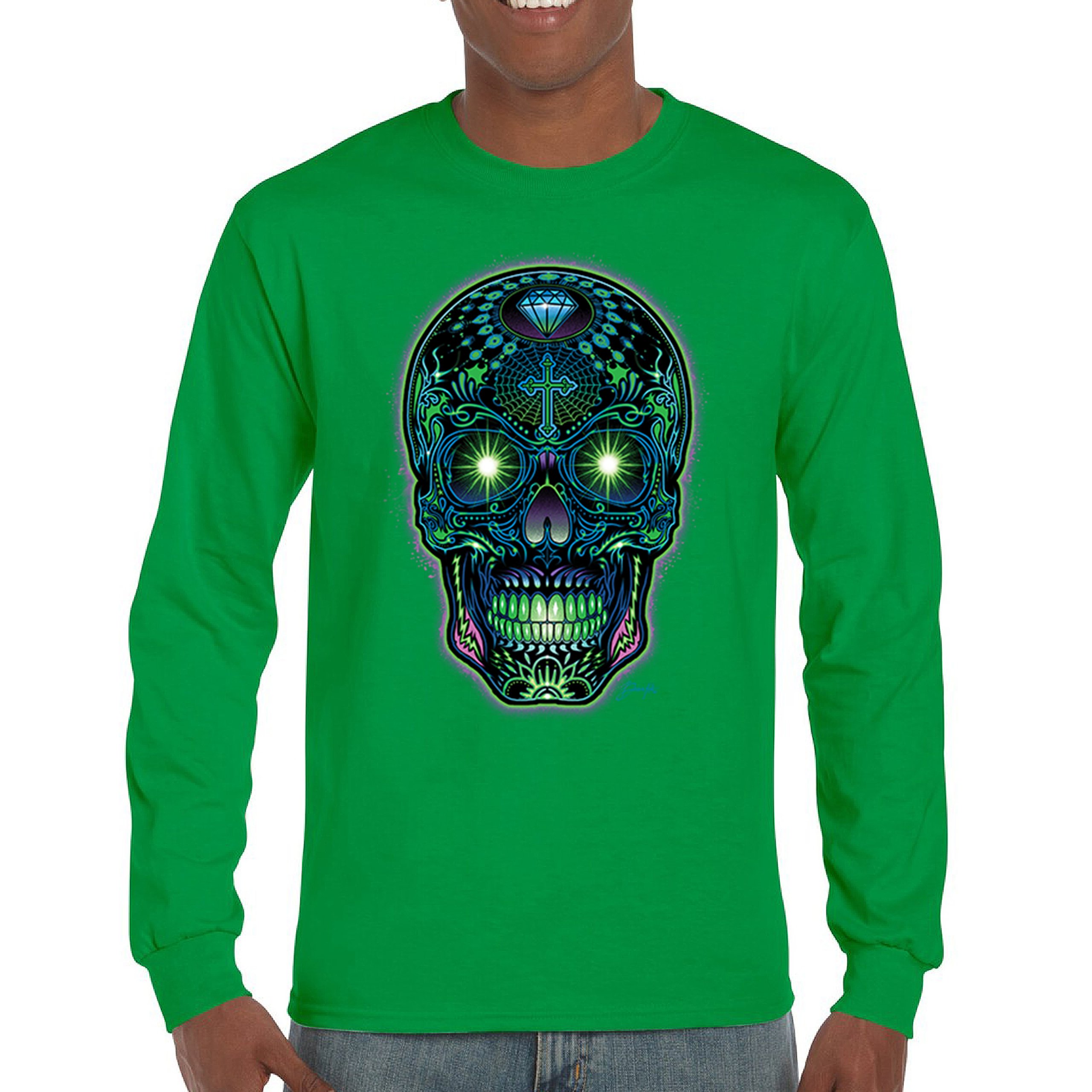 Bright Sugar Skull Long Sleeve T-shirt Dia de Los Muertos Neon Day of the Dead - Picture 44 of 78