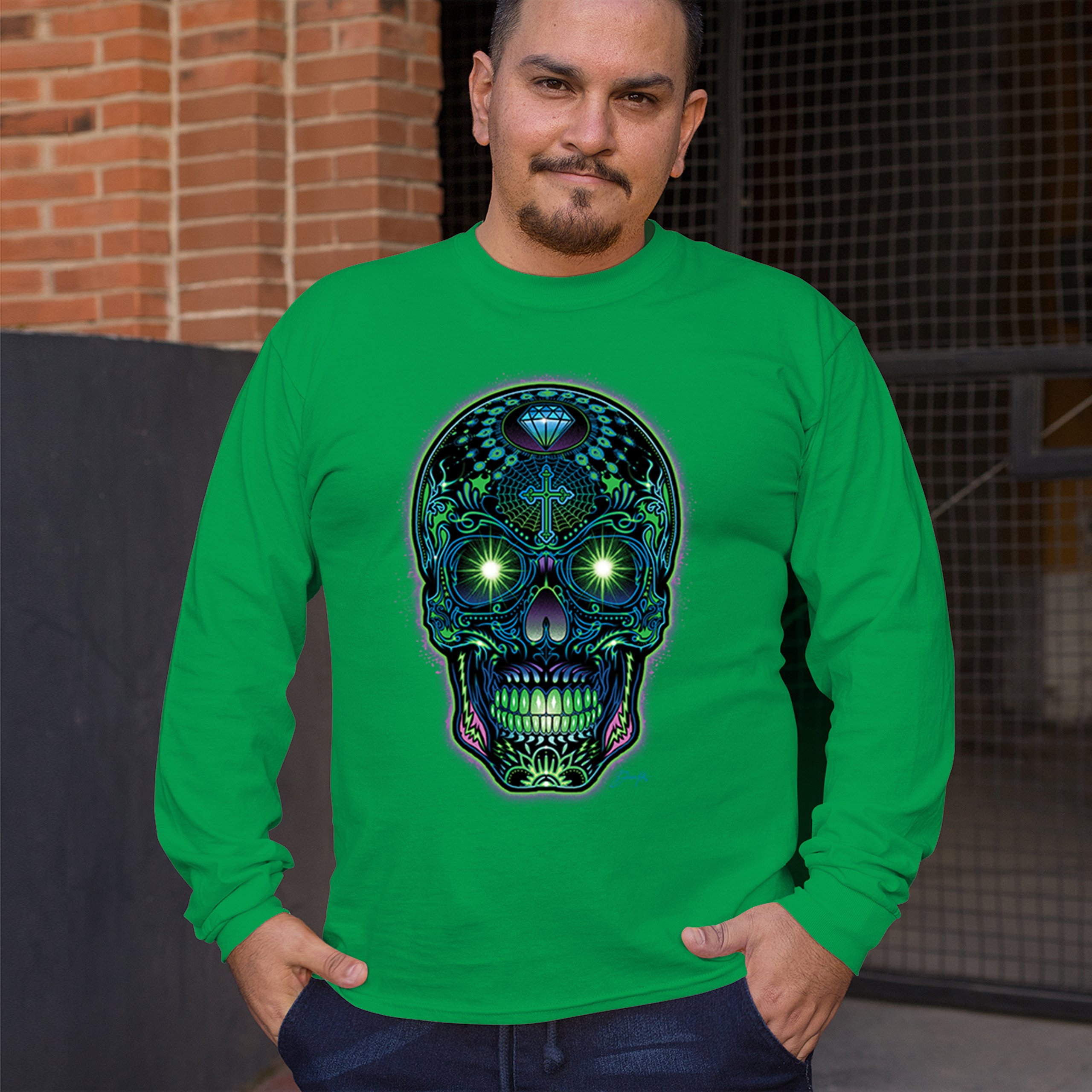 Bright Sugar Skull Long Sleeve T-shirt Dia de Los Muertos Neon Day of the Dead - Picture 47 of 78