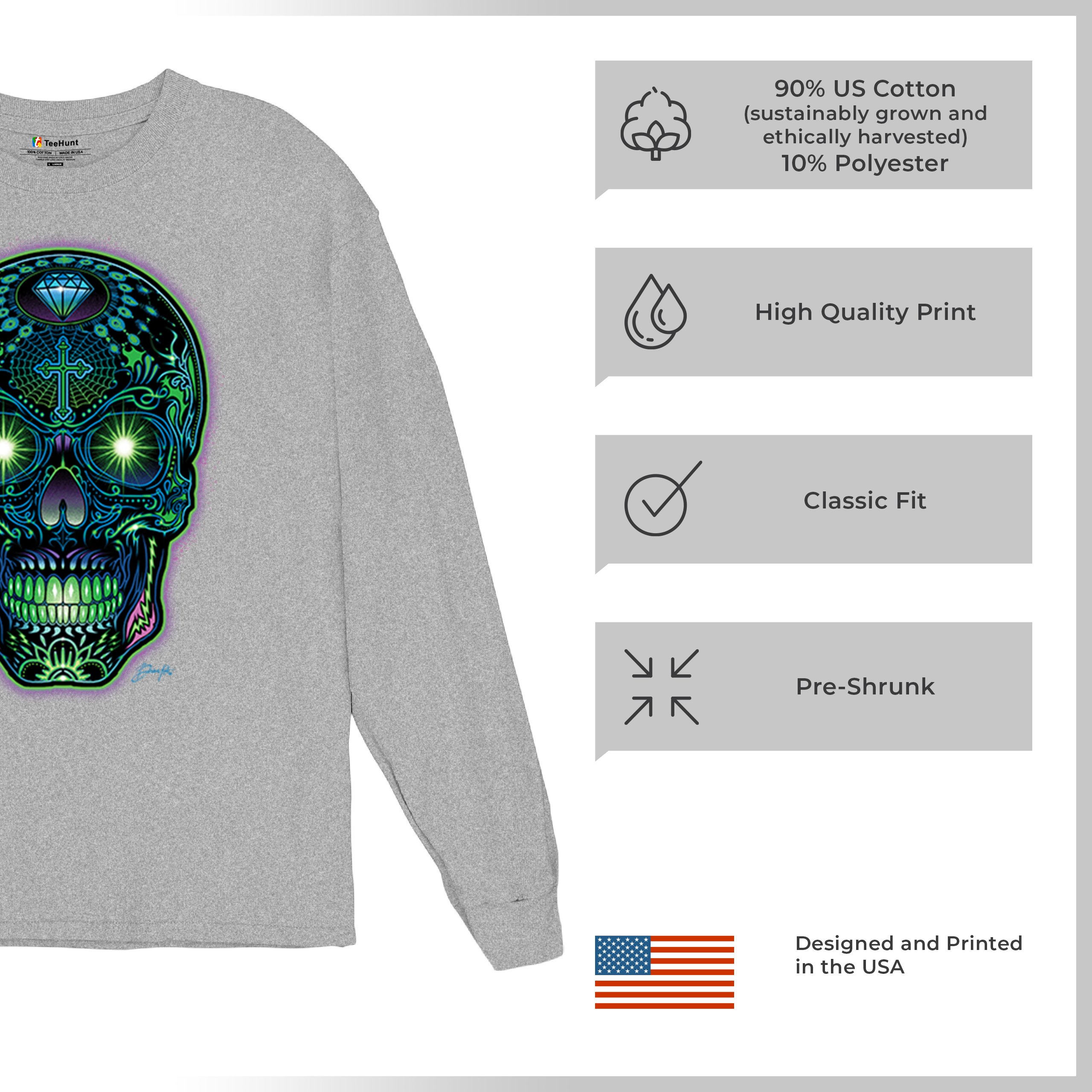 Bright Sugar Skull Long Sleeve T-shirt Dia de Los Muertos Neon Day of the Dead - Picture 14 of 78