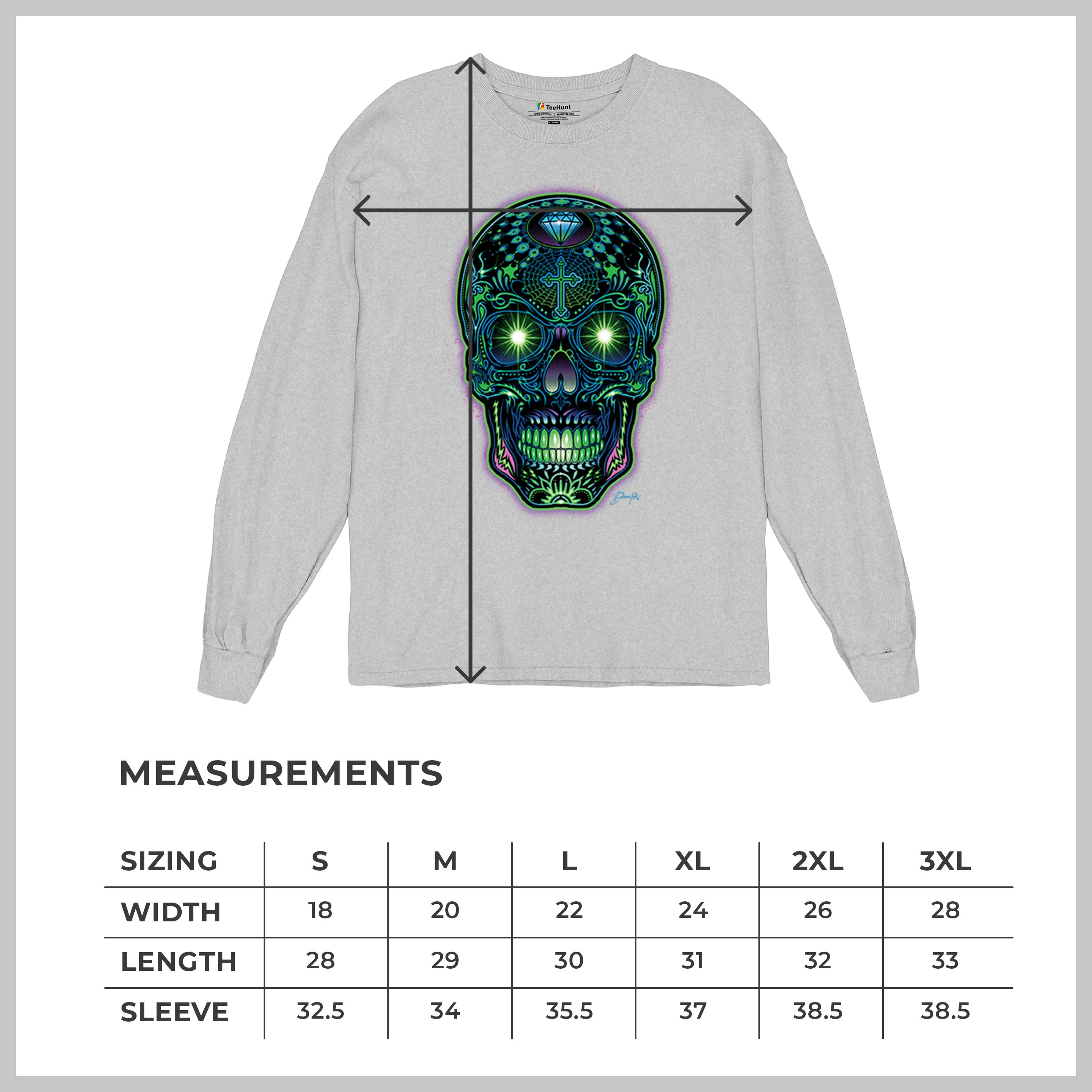 Bright Sugar Skull Long Sleeve T-shirt Dia de Los Muertos Neon Day of the Dead - Picture 15 of 78