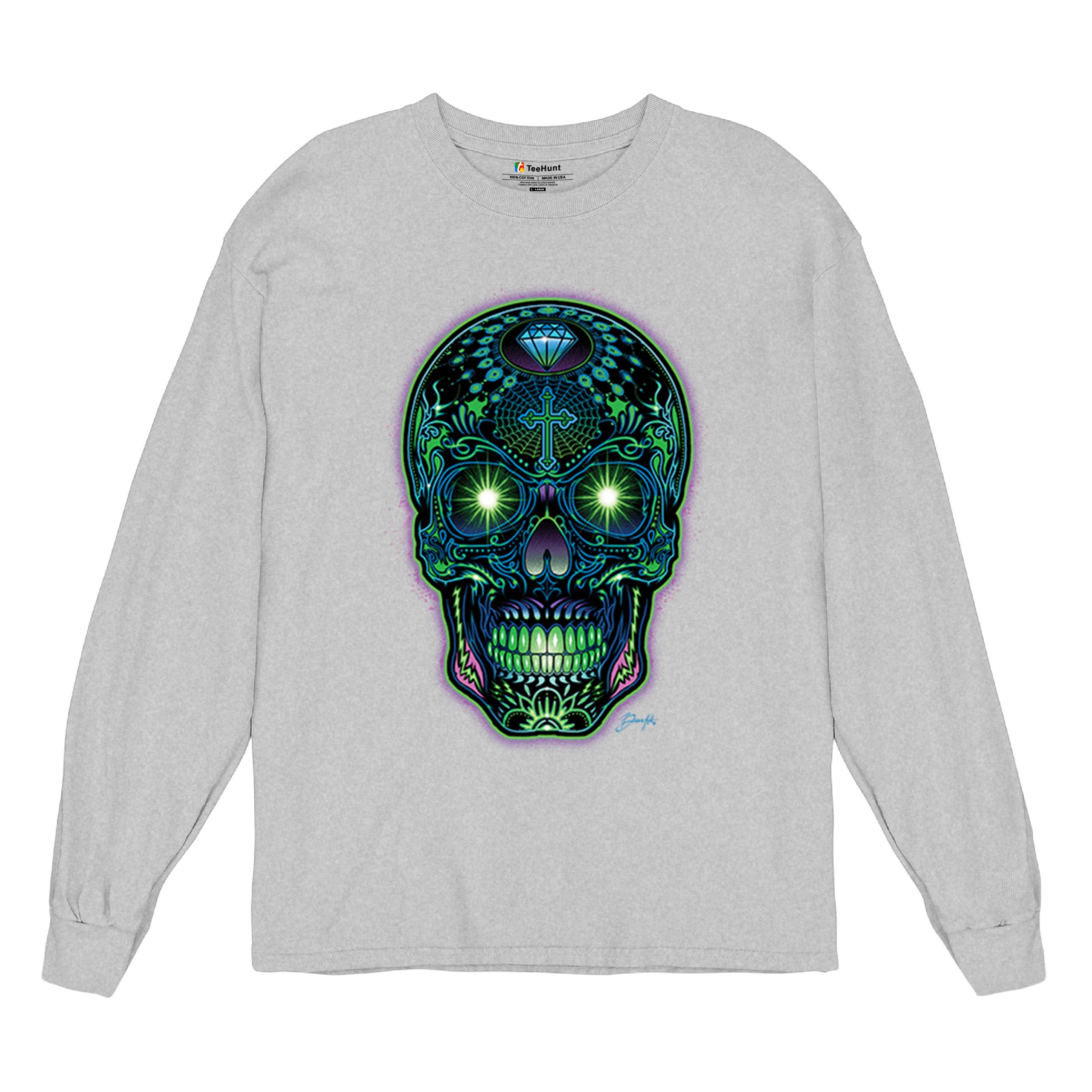 Bright Sugar Skull Long Sleeve T-shirt Dia de Los Muertos Neon Day of the Dead - Picture 13 of 78