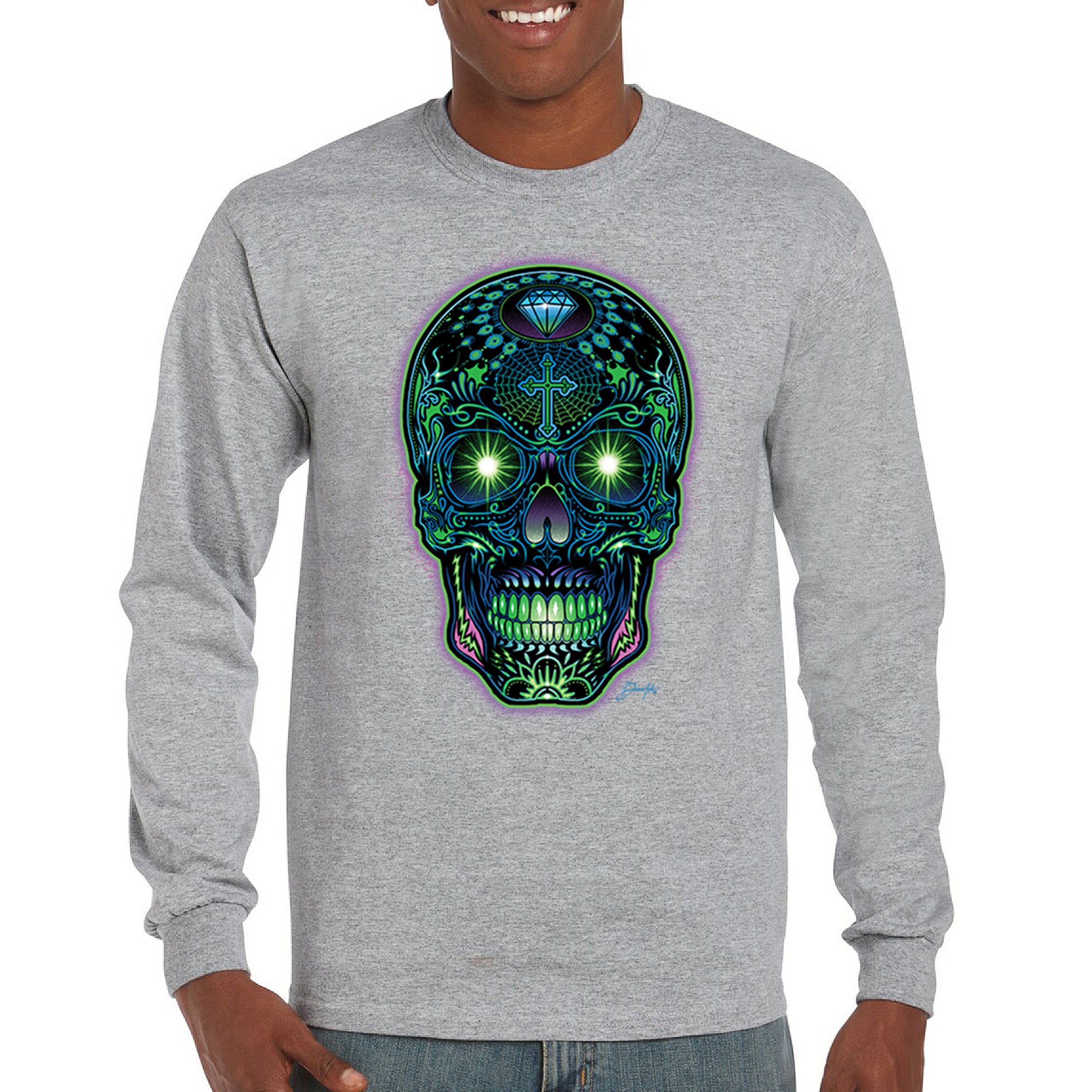 Bright Sugar Skull Long Sleeve T-shirt Dia de Los Muertos Neon Day of the Dead - Picture 9 of 78