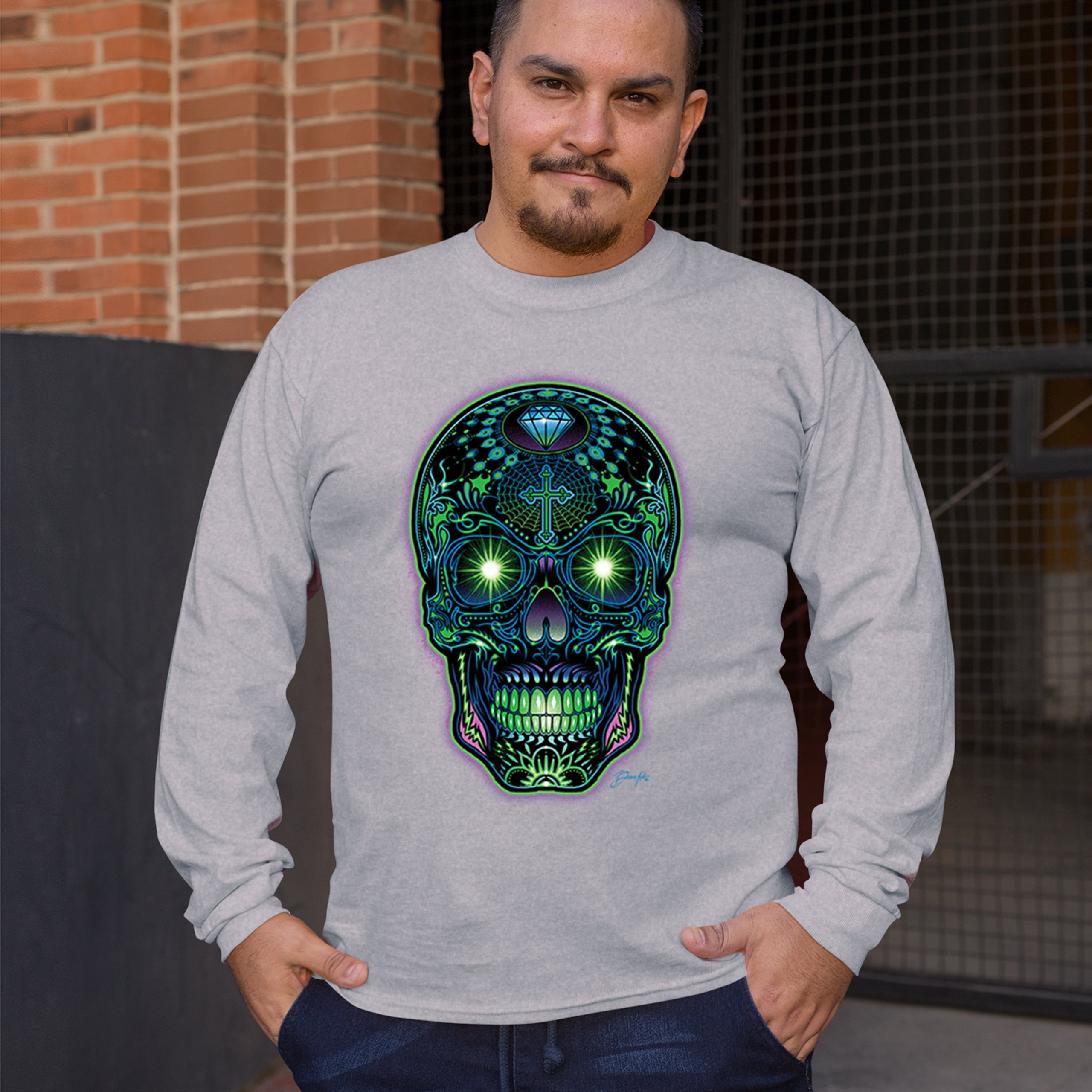 Bright Sugar Skull Long Sleeve T-shirt Dia de Los Muertos Neon Day of the Dead - Picture 12 of 78