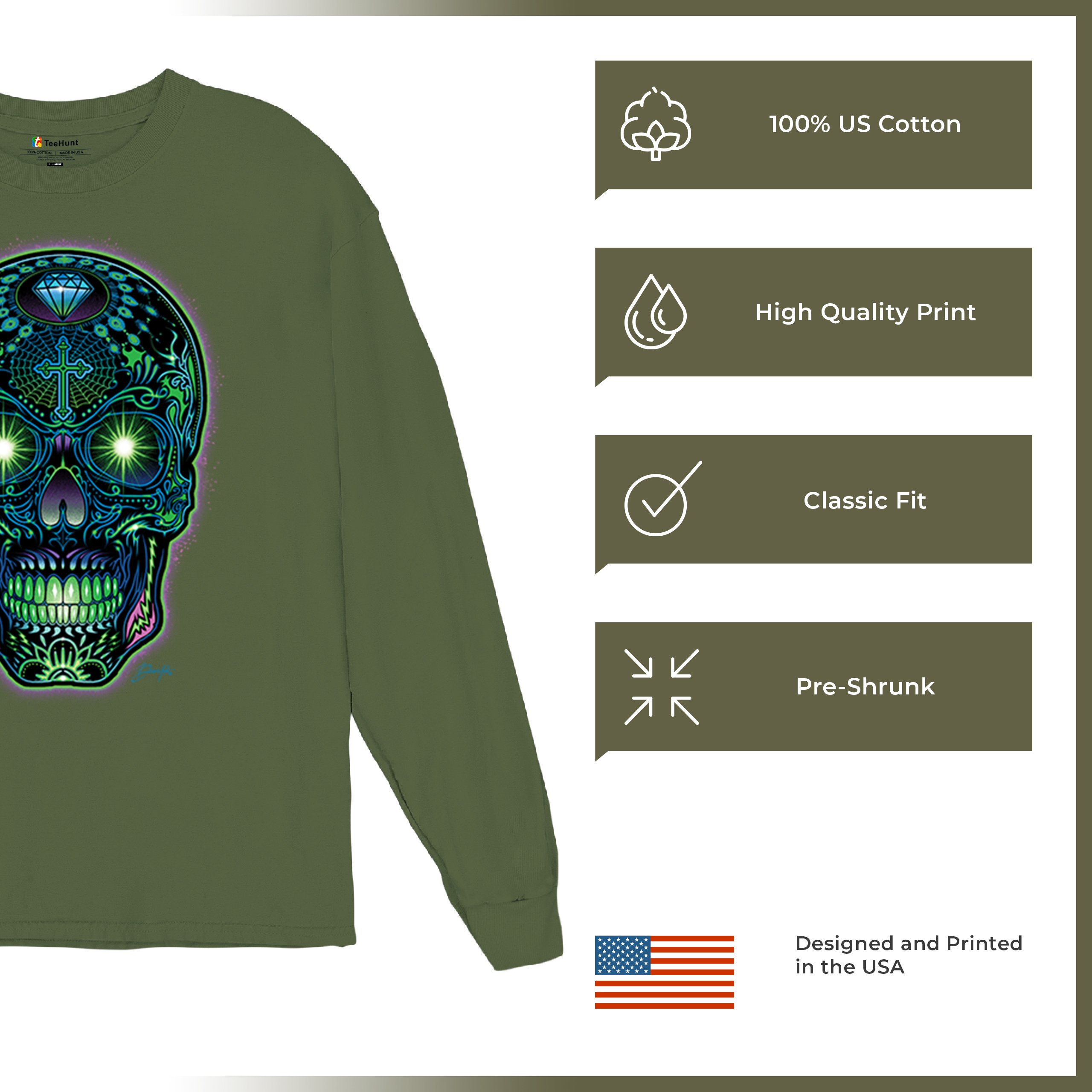 Bright Sugar Skull Long Sleeve T-shirt Dia de Los Muertos Neon Day of the Dead - Picture 56 of 78