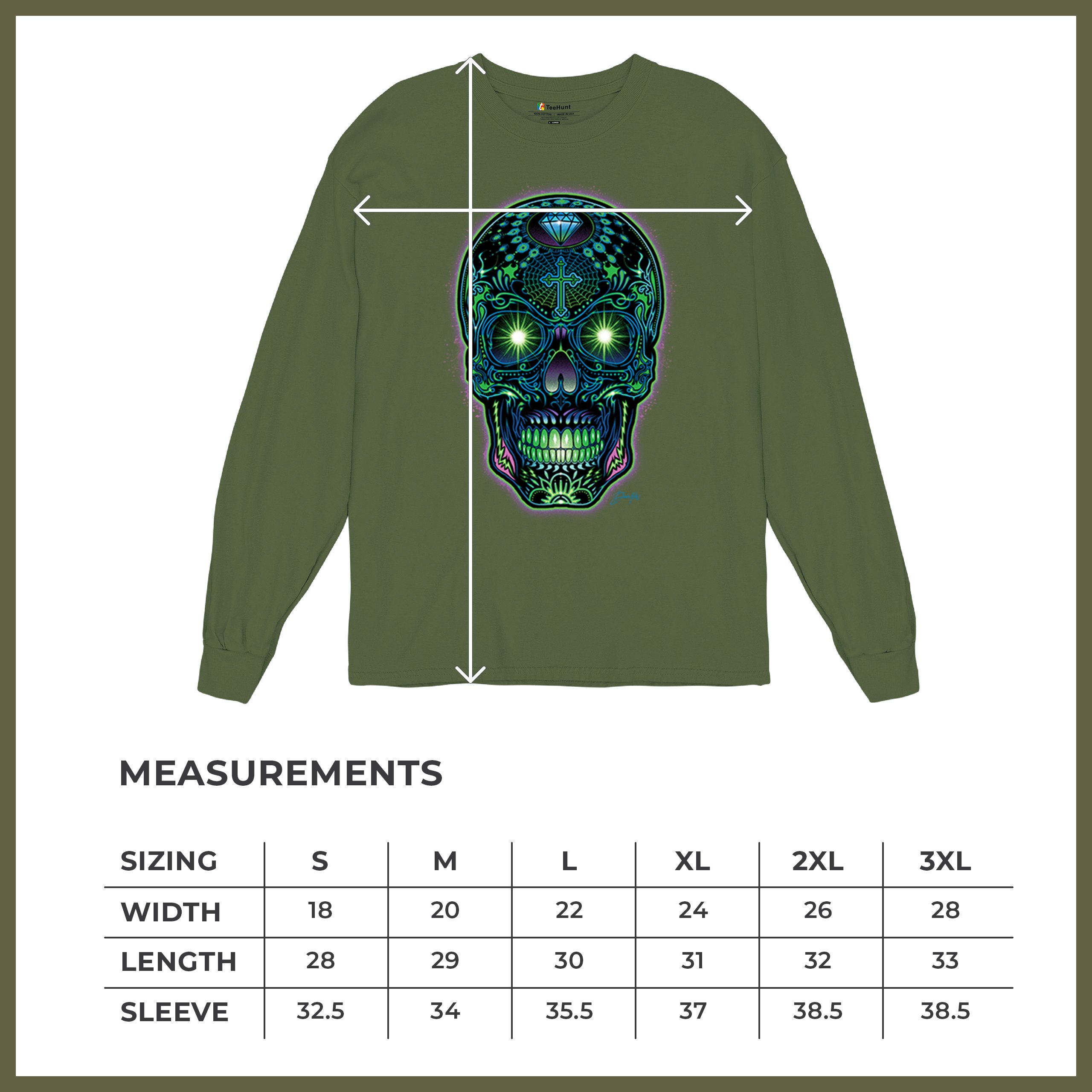 Bright Sugar Skull Long Sleeve T-shirt Dia de Los Muertos Neon Day of the Dead - Picture 57 of 78
