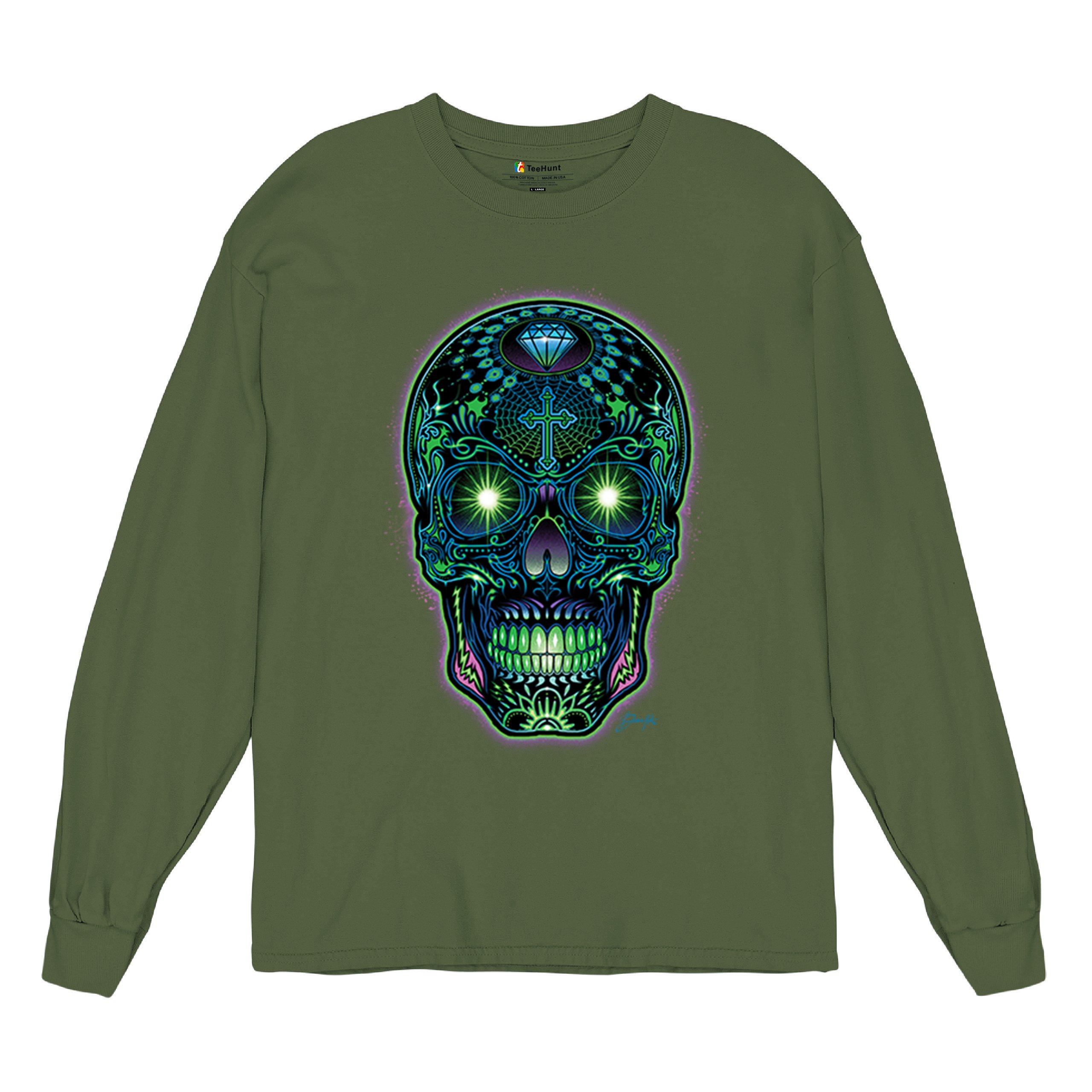 Bright Sugar Skull Long Sleeve T-shirt Dia de Los Muertos Neon Day of the Dead - Picture 55 of 78