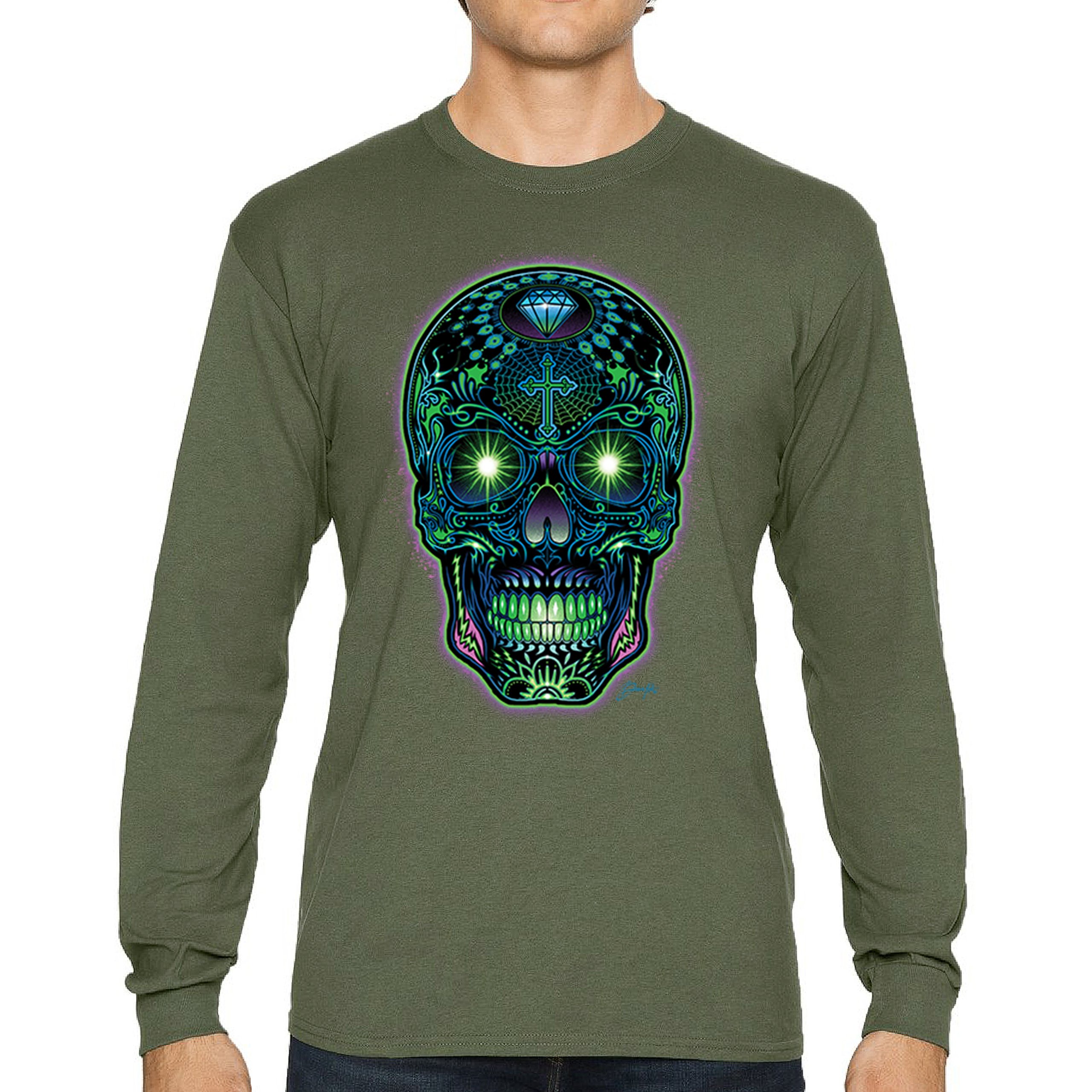 Bright Sugar Skull Long Sleeve T-shirt Dia de Los Muertos Neon Day of the Dead - Picture 51 of 78