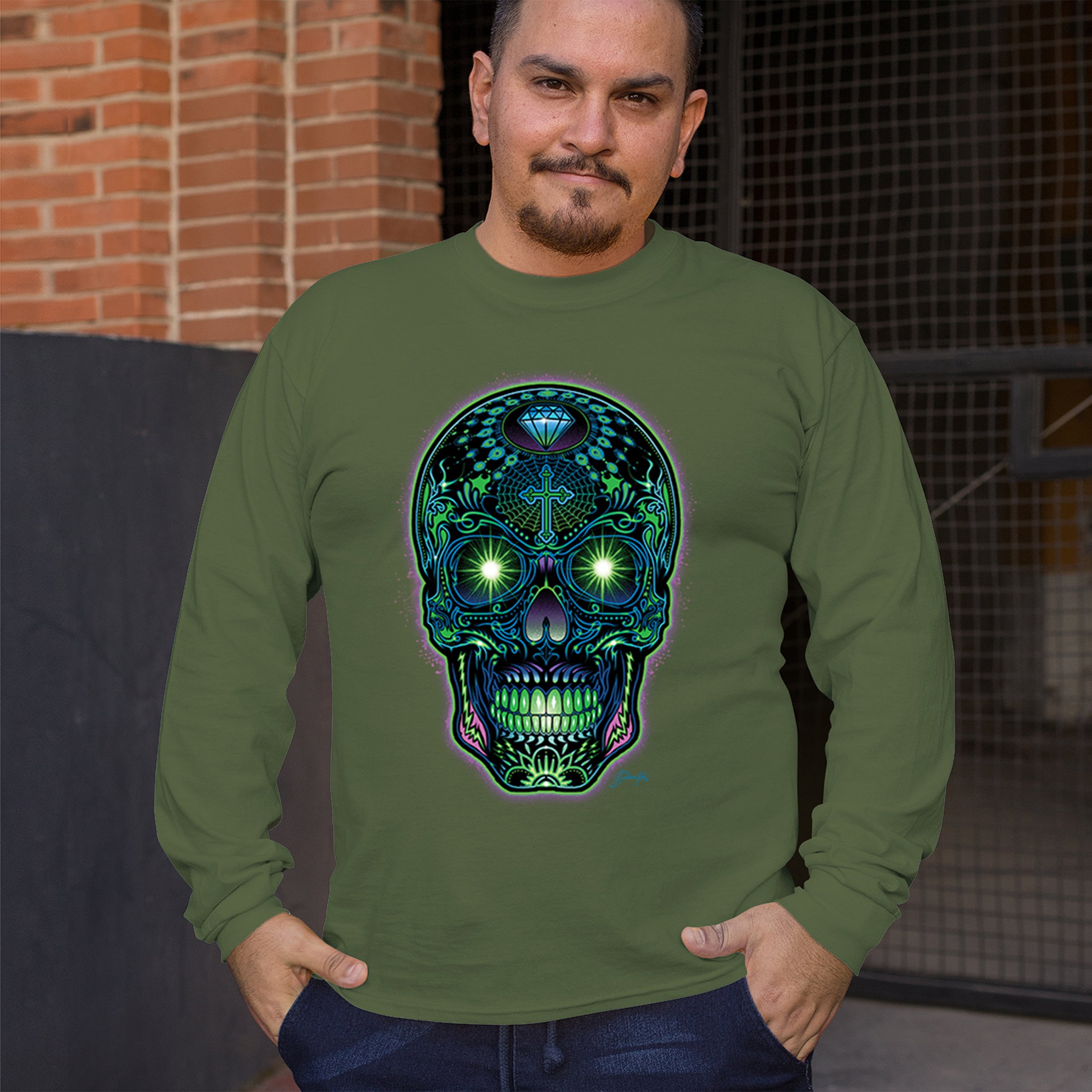 Bright Sugar Skull Long Sleeve T-shirt Dia de Los Muertos Neon Day of the Dead - Picture 54 of 78