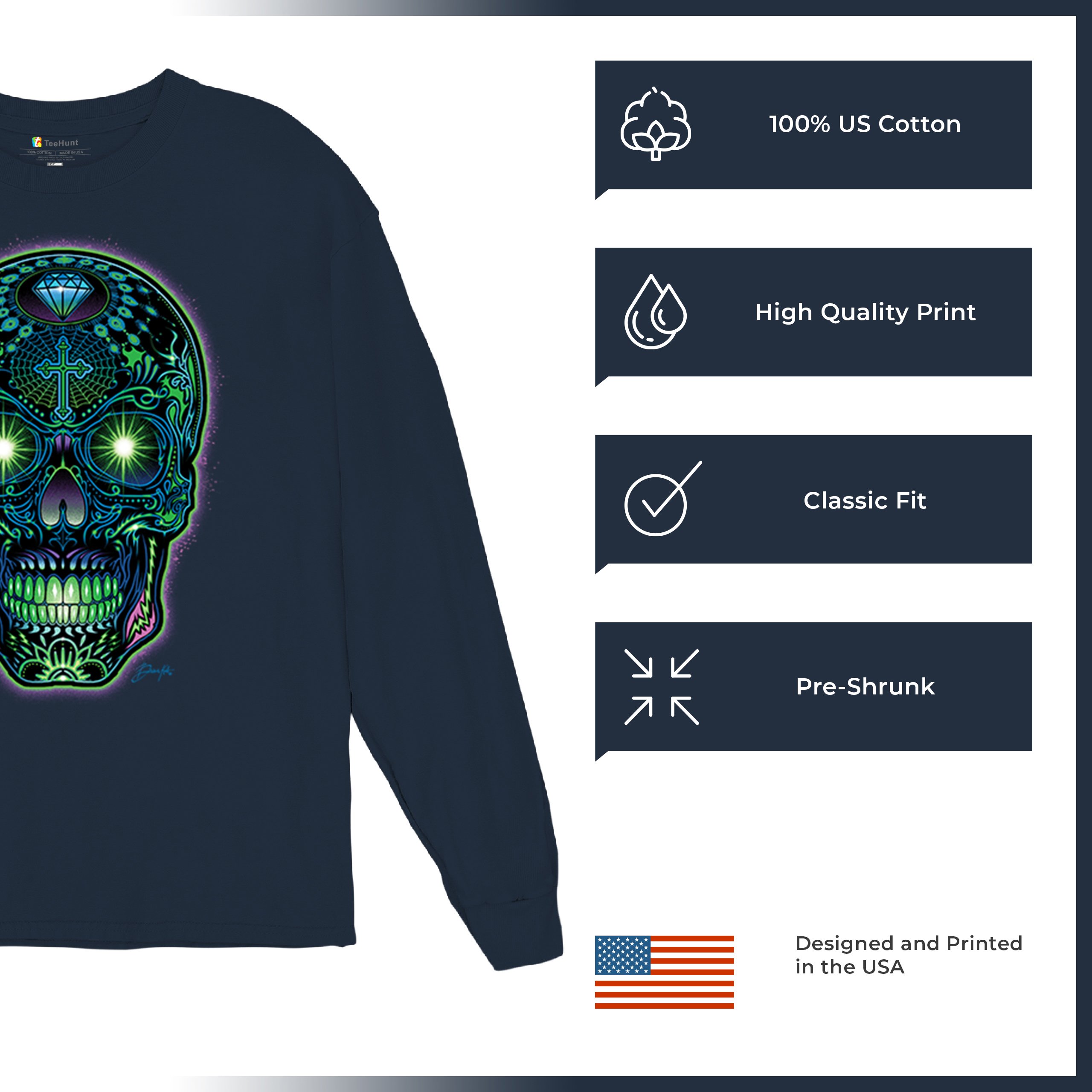 Bright Sugar Skull Long Sleeve T-shirt Dia de Los Muertos Neon Day of the Dead - Picture 42 of 78