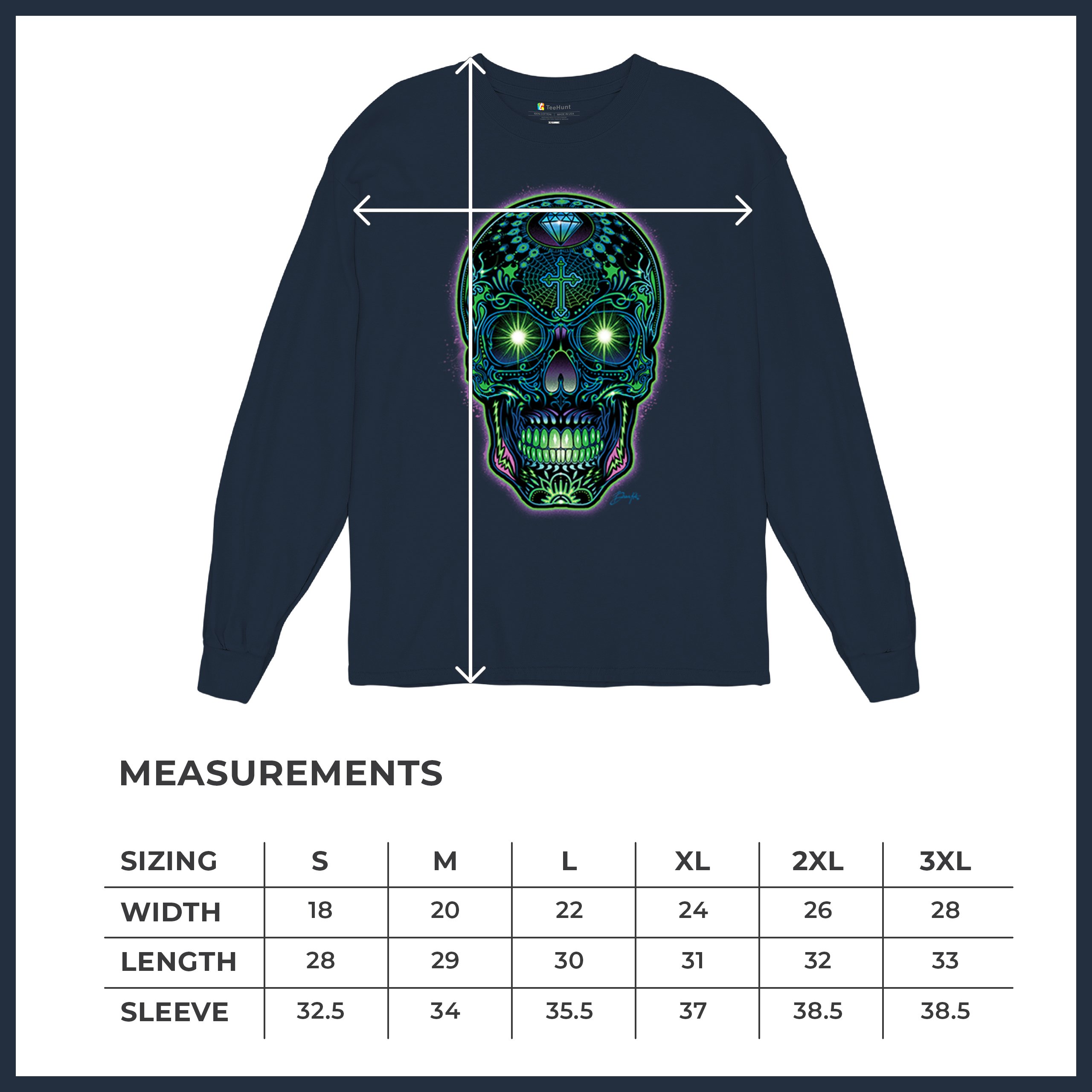 Bright Sugar Skull Long Sleeve T-shirt Dia de Los Muertos Neon Day of the Dead - Picture 43 of 78