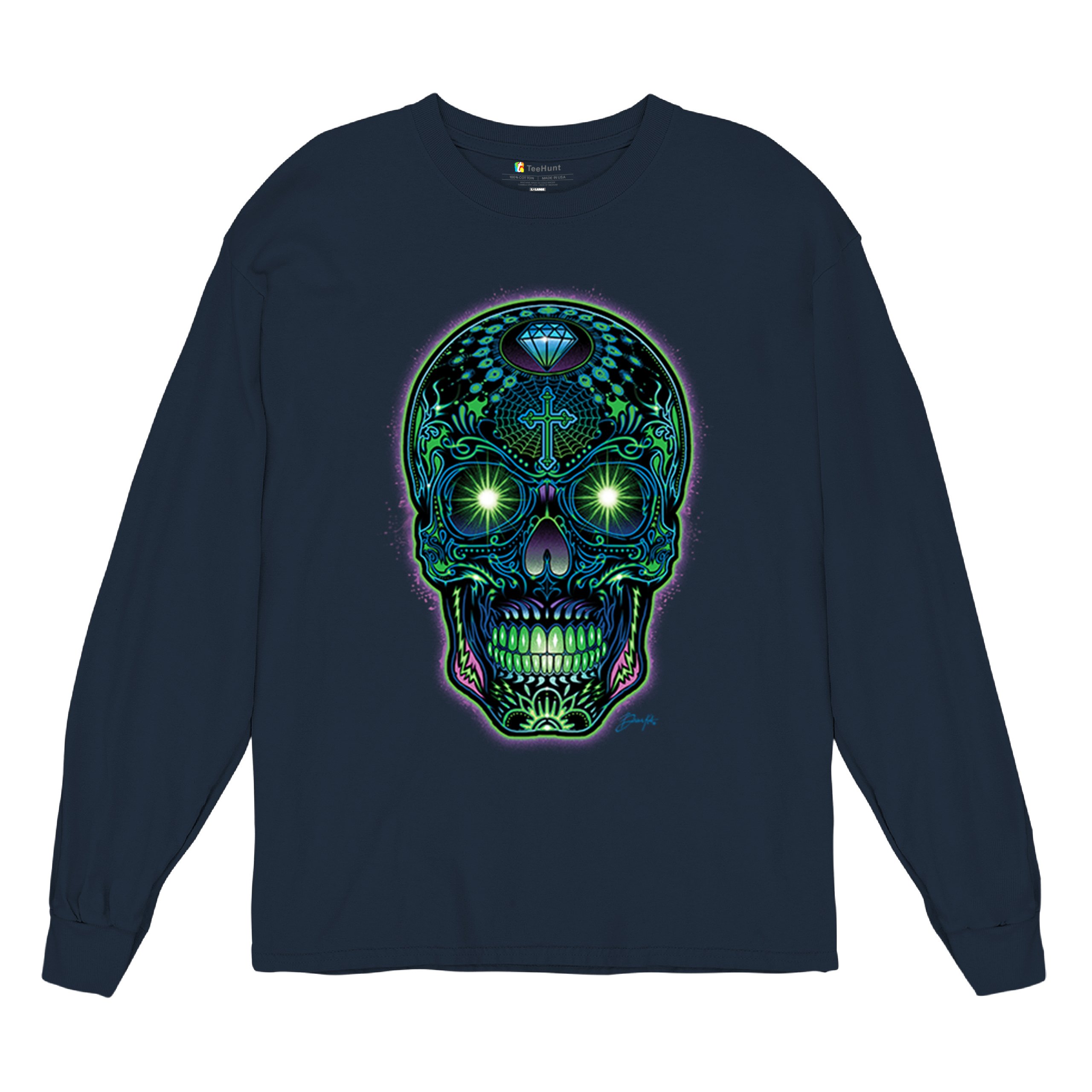Bright Sugar Skull Long Sleeve T-shirt Dia de Los Muertos Neon Day of the Dead - Picture 41 of 78