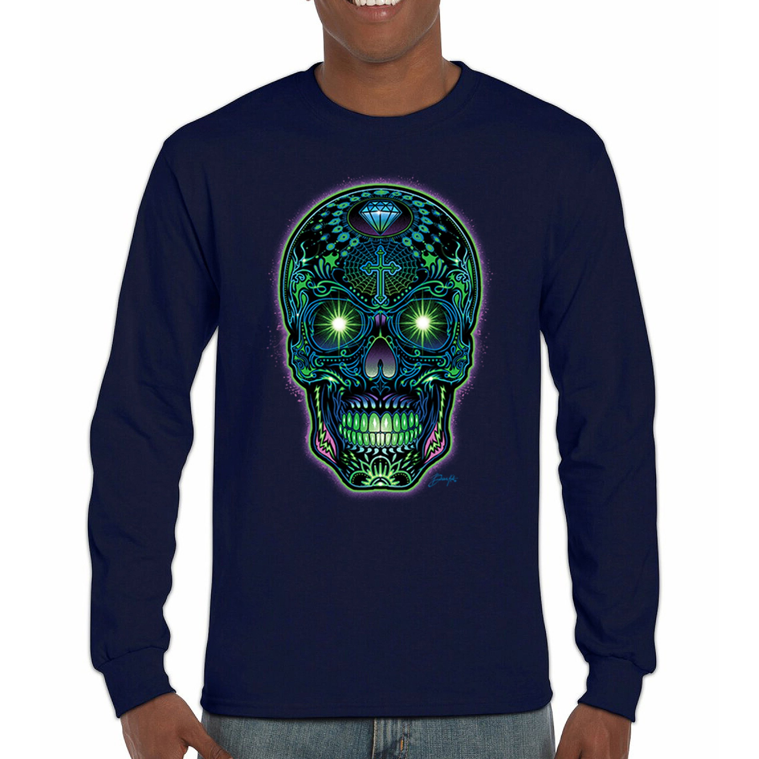 Bright Sugar Skull Long Sleeve T-shirt Dia de Los Muertos Neon Day of the Dead - Picture 37 of 78