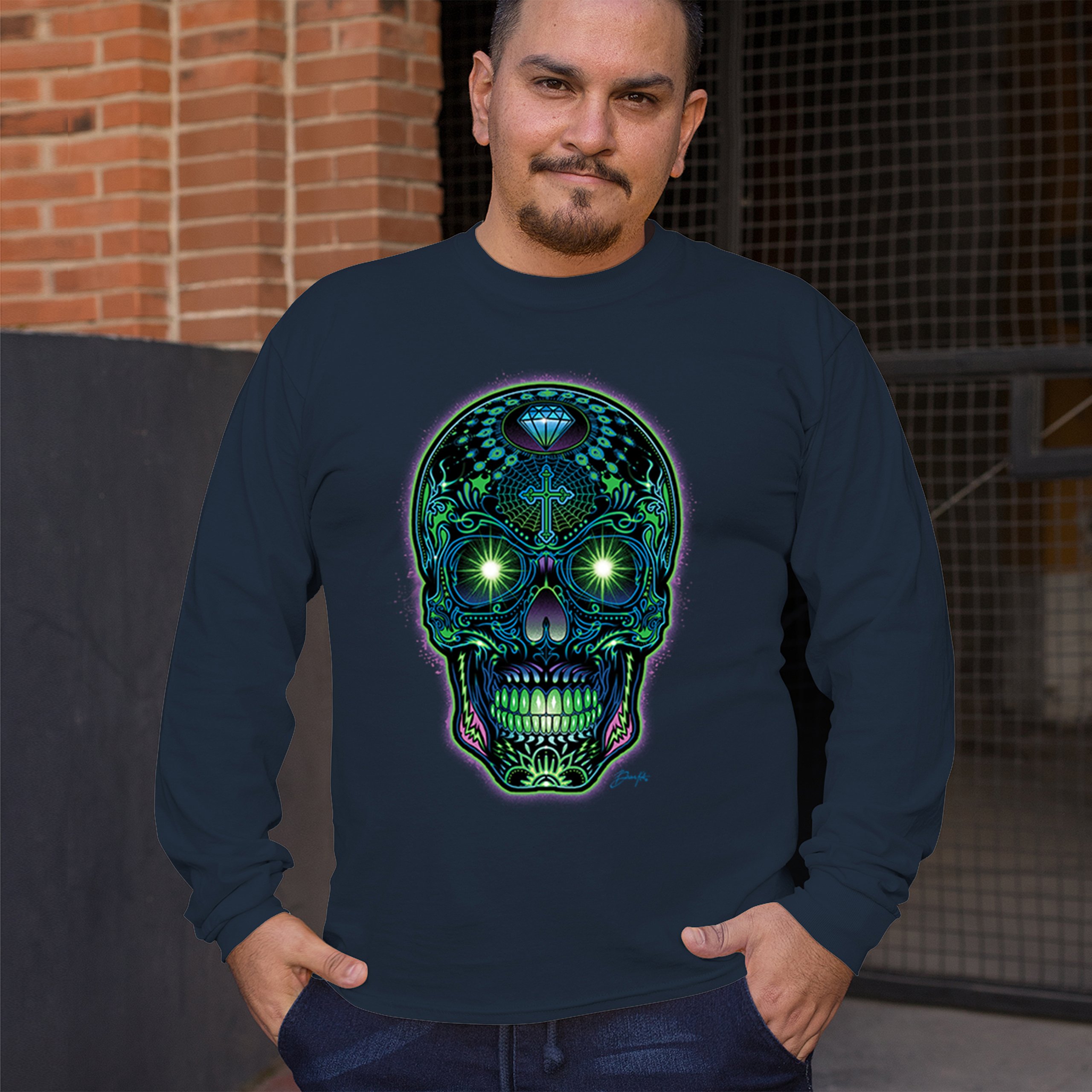 Bright Sugar Skull Long Sleeve T-shirt Dia de Los Muertos Neon Day of the Dead - Picture 40 of 78