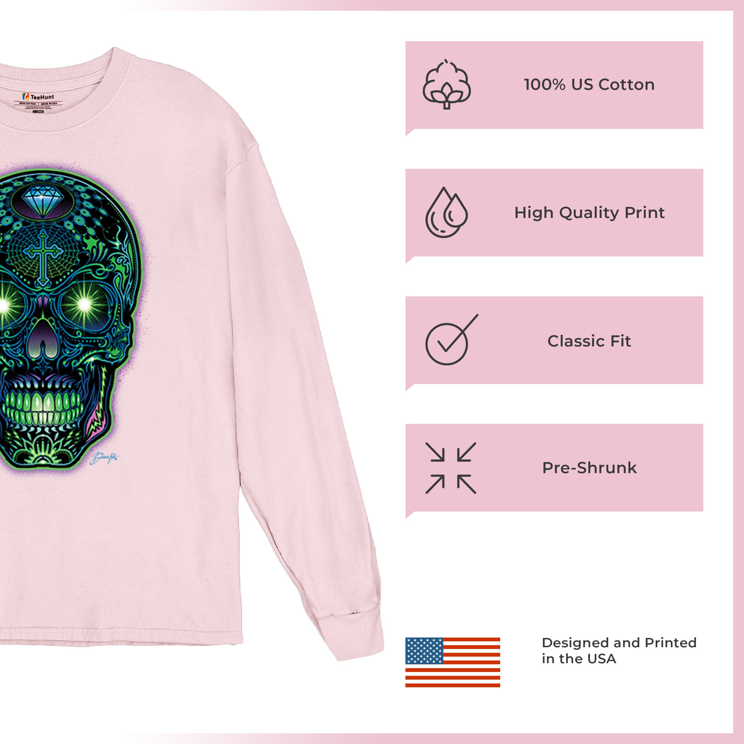 Bright Sugar Skull Long Sleeve T-shirt Dia de Los Muertos Neon Day of the Dead - Picture 77 of 78