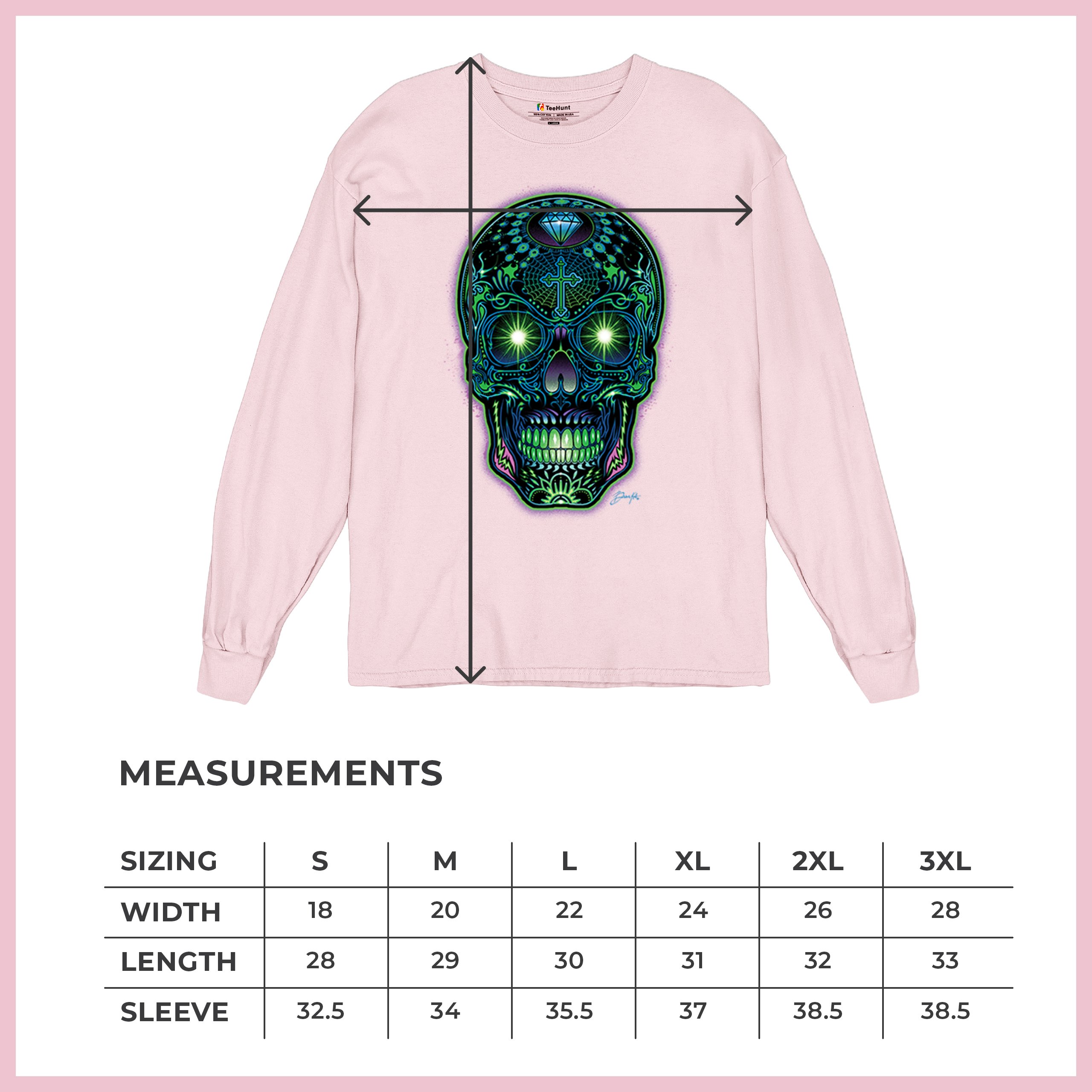 Bright Sugar Skull Long Sleeve T-shirt Dia de Los Muertos Neon Day of the Dead - Picture 78 of 78