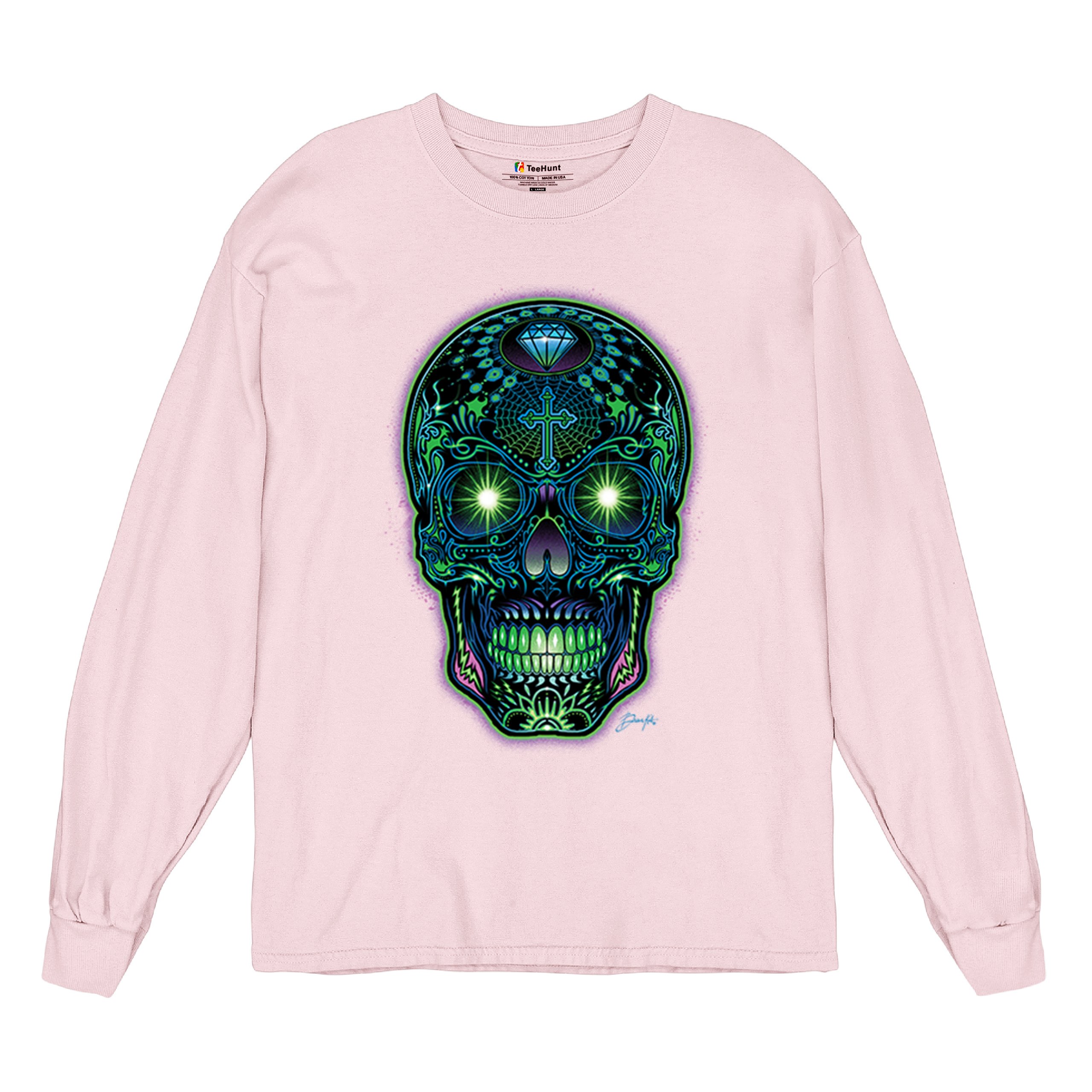 Bright Sugar Skull Long Sleeve T-shirt Dia de Los Muertos Neon Day of the Dead - Picture 76 of 78