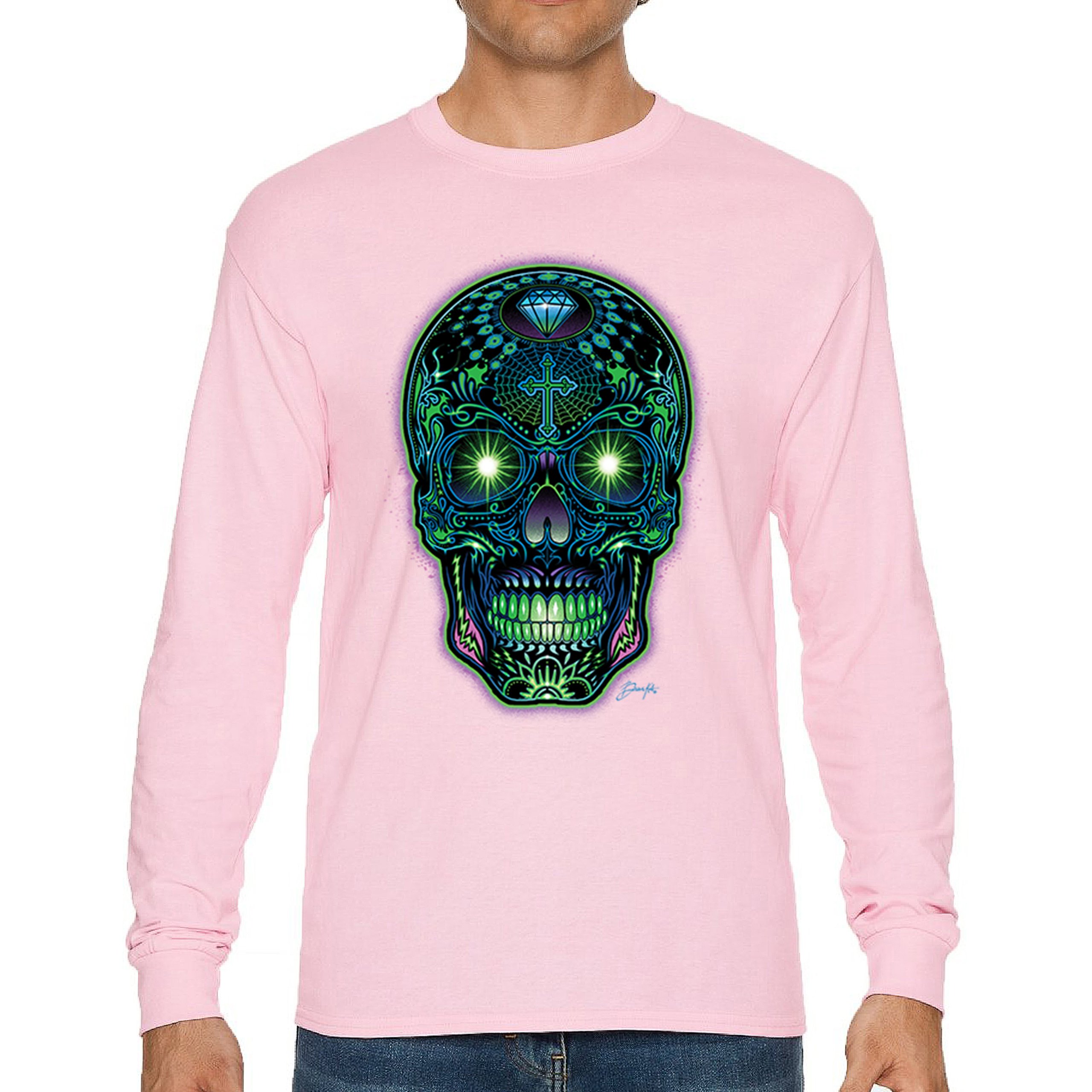 Bright Sugar Skull Long Sleeve T-shirt Dia de Los Muertos Neon Day of the Dead - Picture 72 of 78
