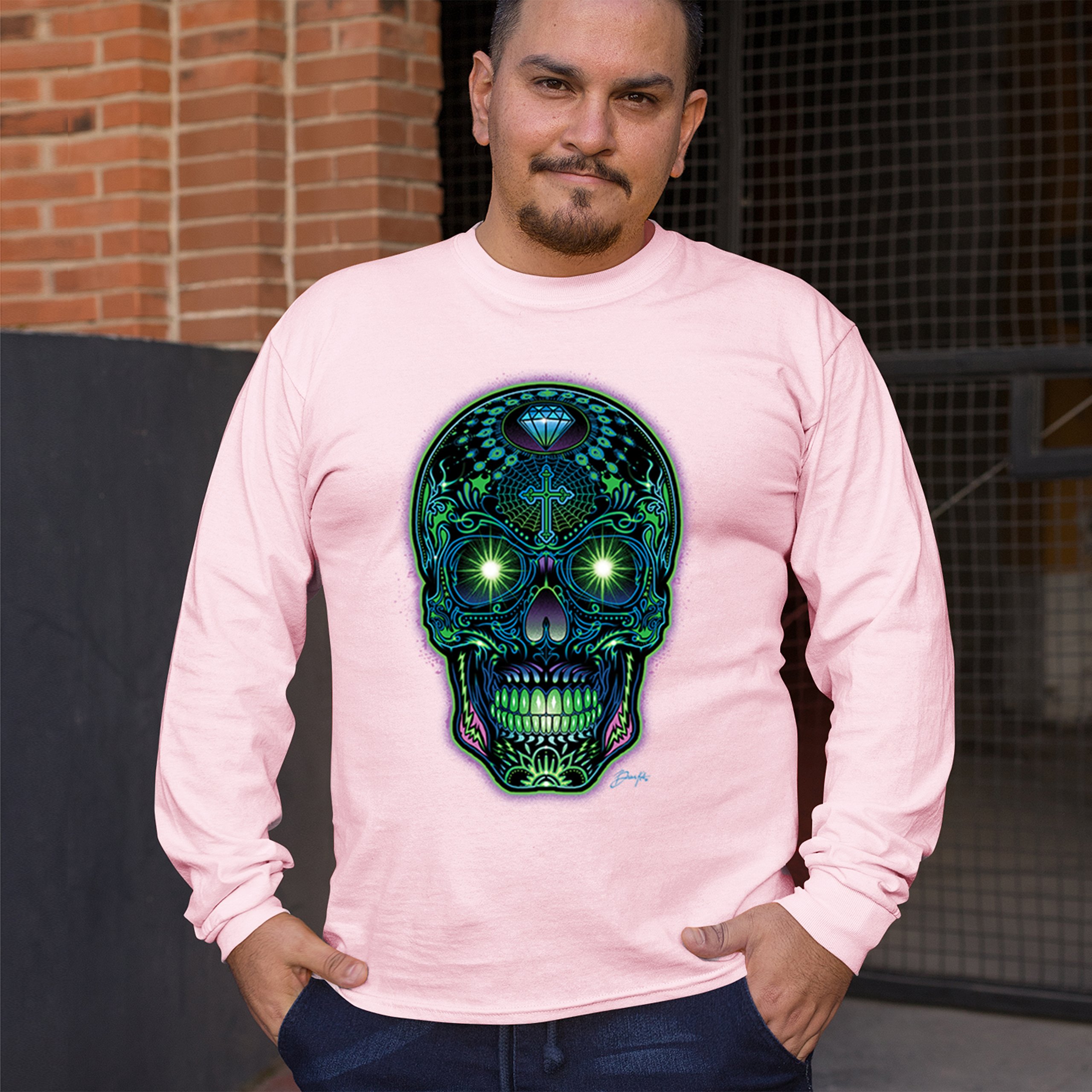 Bright Sugar Skull Long Sleeve T-shirt Dia de Los Muertos Neon Day of the Dead - Picture 75 of 78