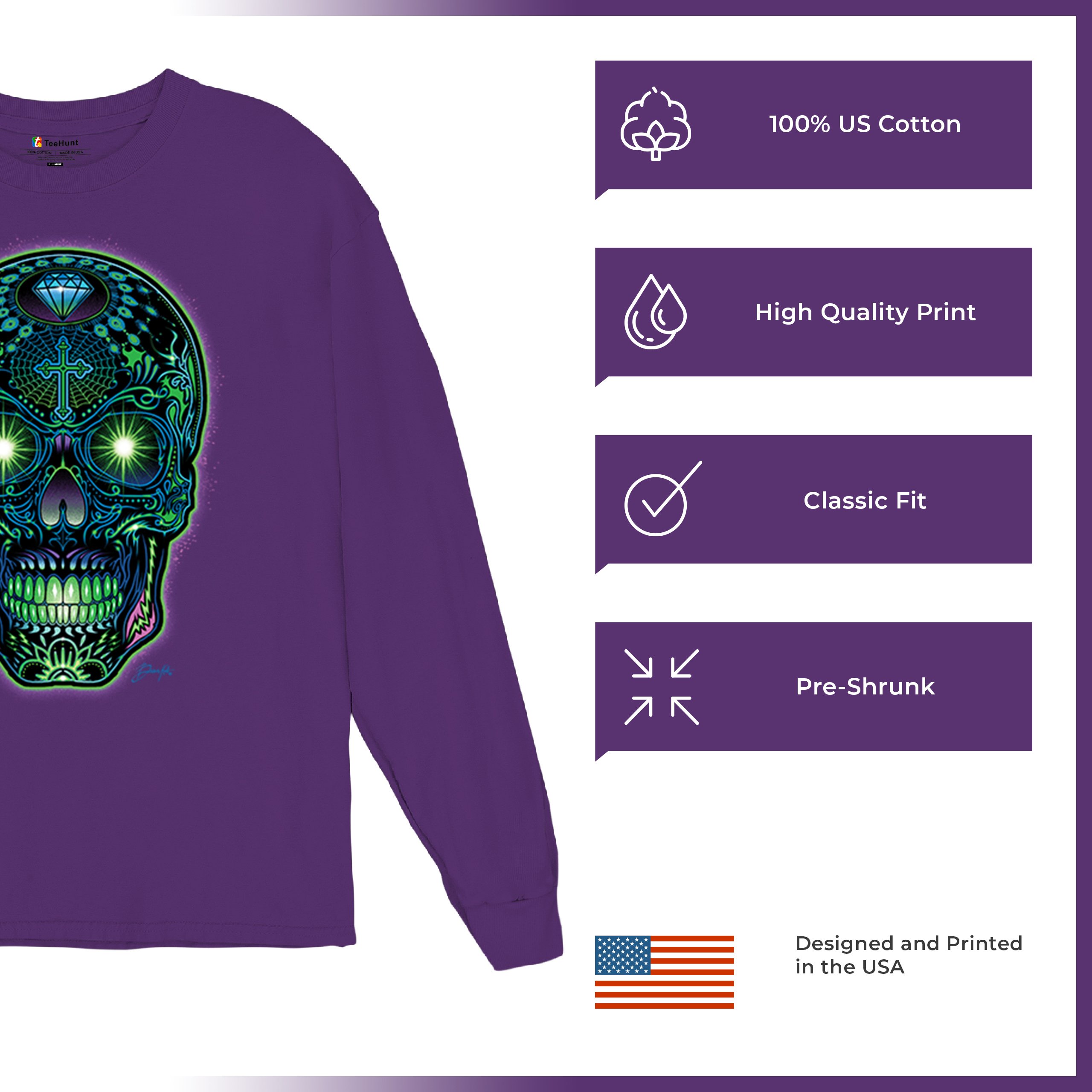 Bright Sugar Skull Long Sleeve T-shirt Dia de Los Muertos Neon Day of the Dead - Picture 21 of 78