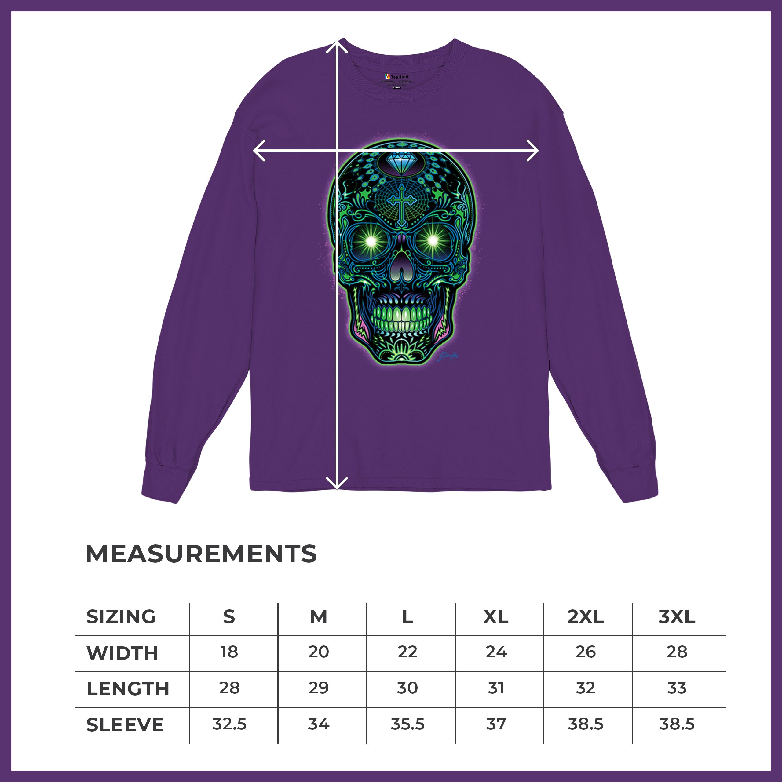 Bright Sugar Skull Long Sleeve T-shirt Dia de Los Muertos Neon Day of the Dead - Picture 22 of 78