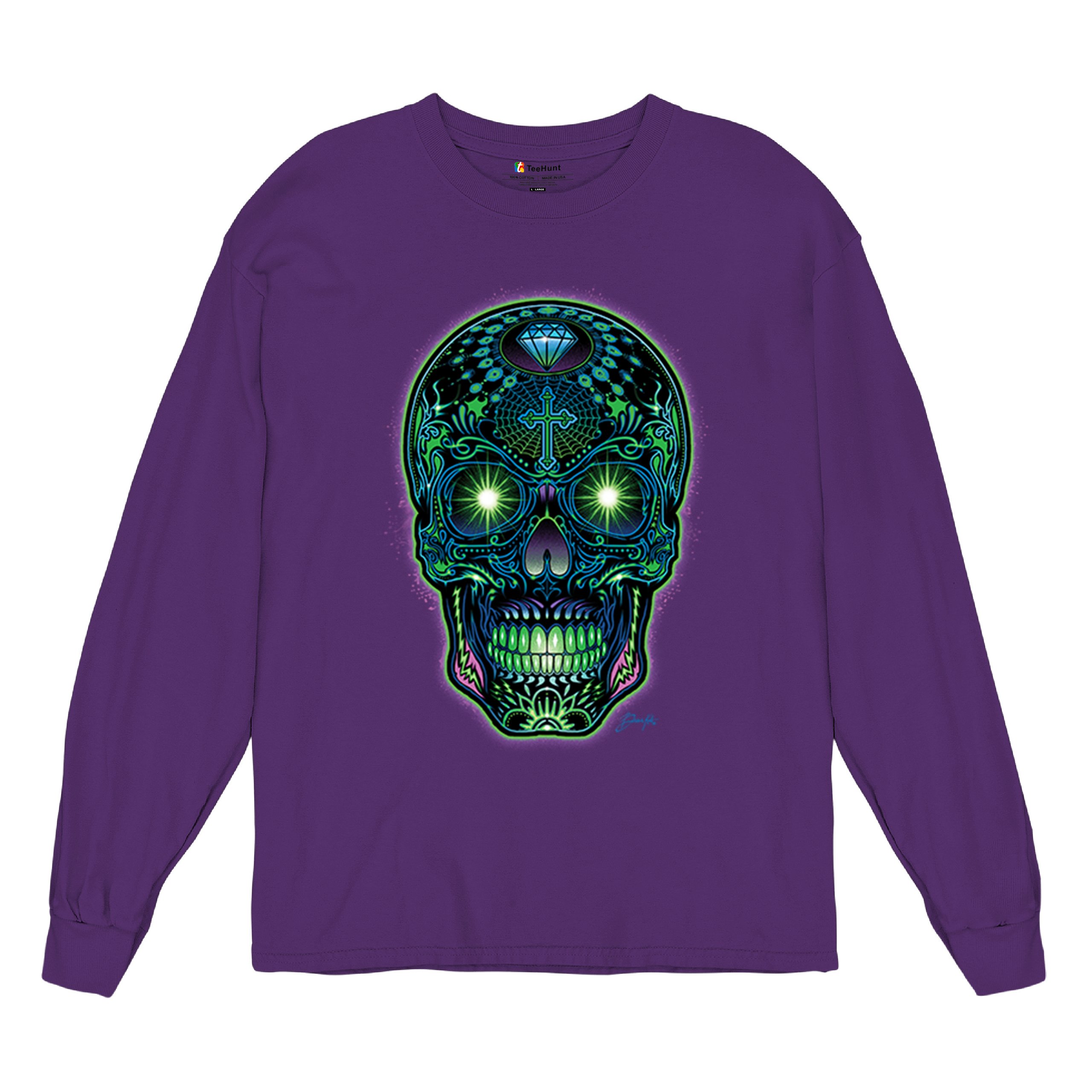 Bright Sugar Skull Long Sleeve T-shirt Dia de Los Muertos Neon Day of the Dead - Picture 20 of 78